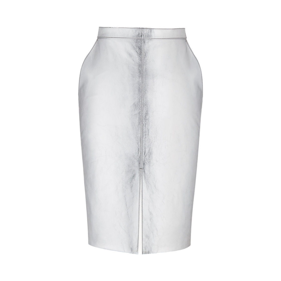 (W) 생로랑 펜슬 스커트 메탈릭 레더 아르장 누아((W) Saint Laurent Pencil Skirt in Metallic Leather Argent Noir) - 1