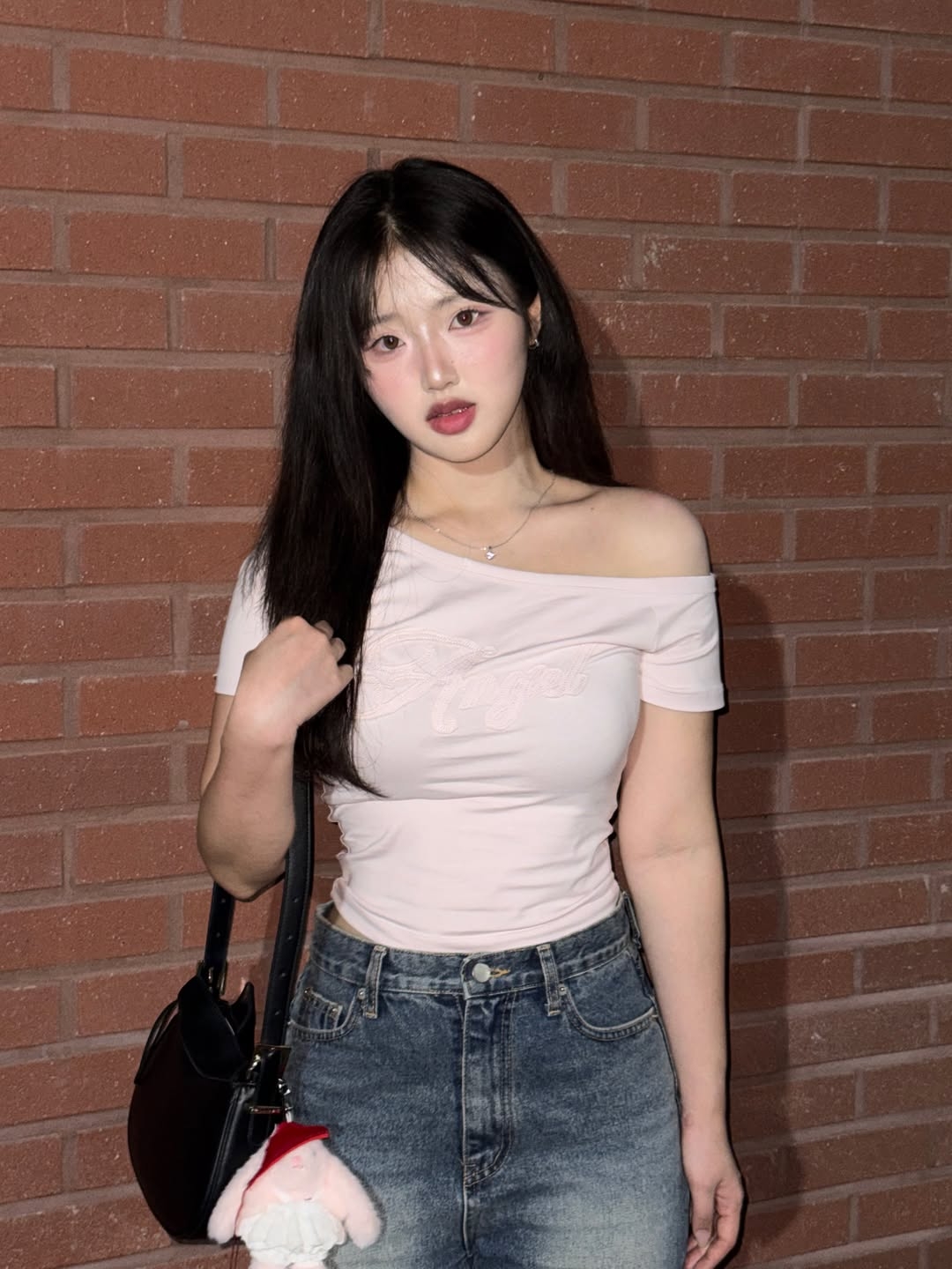Rosefrantz Sweet Angel Patchwork T-shirt [Pink] 착용 스타일 - 1