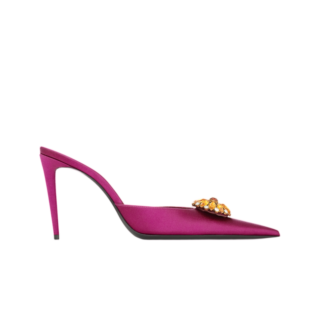 A001GX-9QNDG-6174 (W) Saint Laurent Cosmo Mules in Satin Crepe and Crystals Smashed Prune