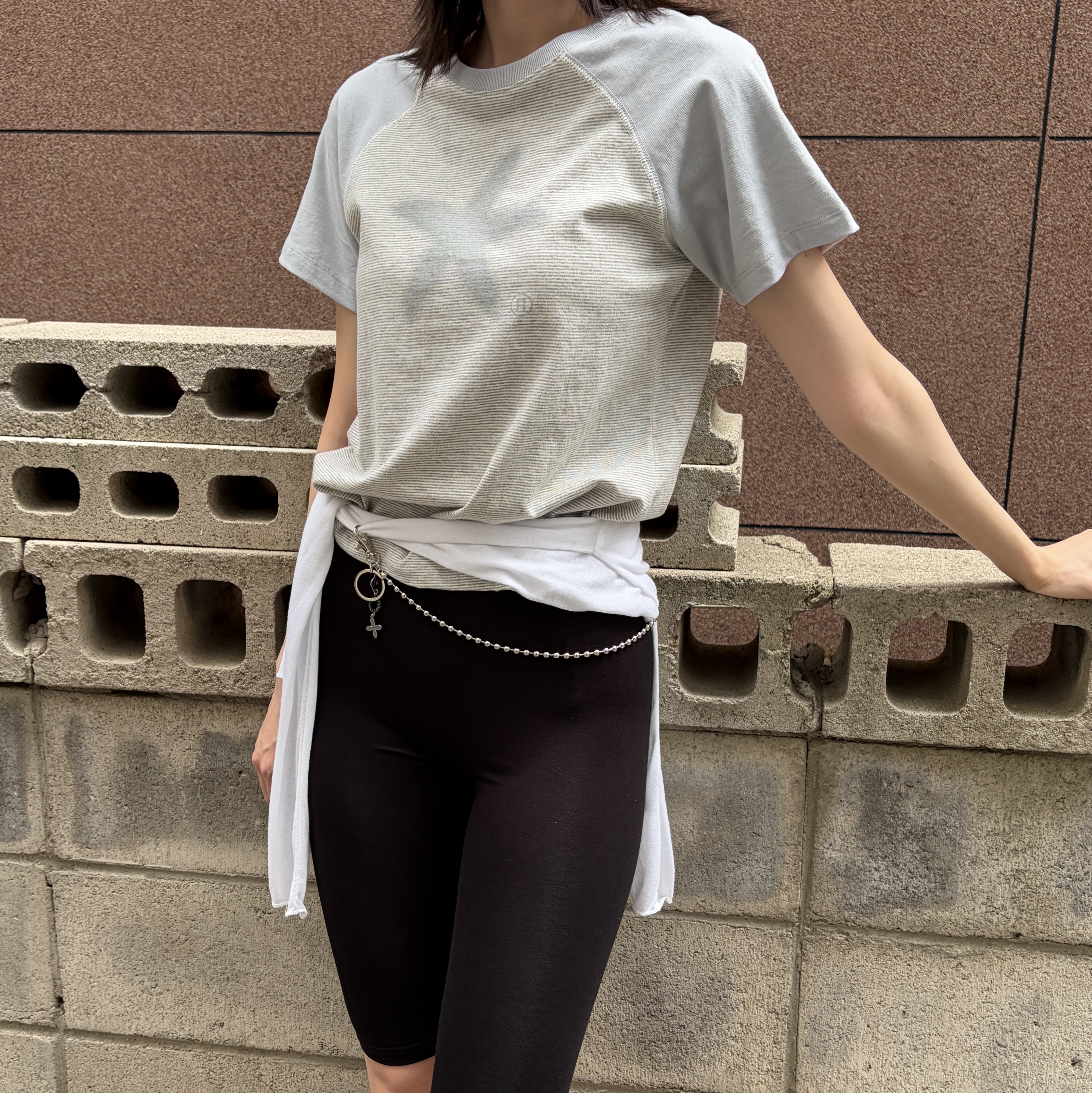 Riomeu Starfish Stripe Raglan T-shirt Gray, Riomeu Round Bowl Pants Chain Keyring 착용 스타일 - 1