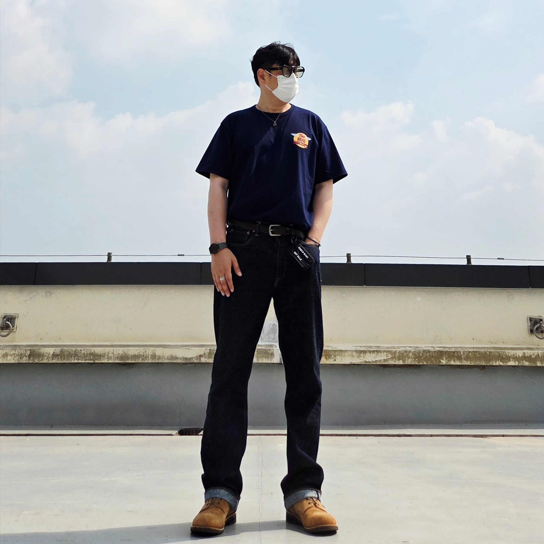 Fullcount 1101W Straight Denim One Wash Indigo Blue, Human Made Military Card Case Black 착용 스타일 - 5