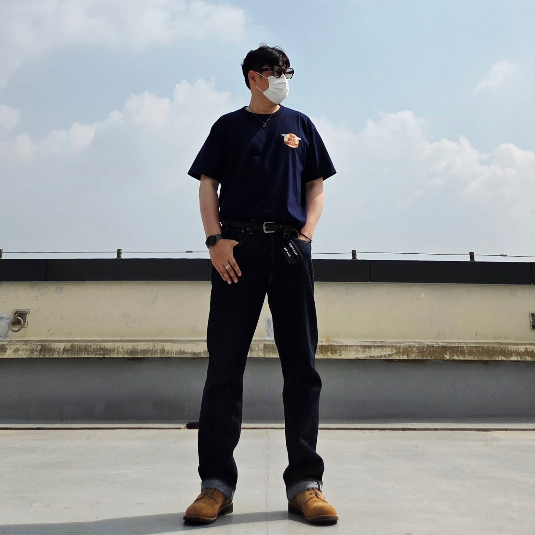 Fullcount 1101W Straight Denim One Wash Indigo Blue, Human Made Military Card Case Black 착용 스타일 - 2