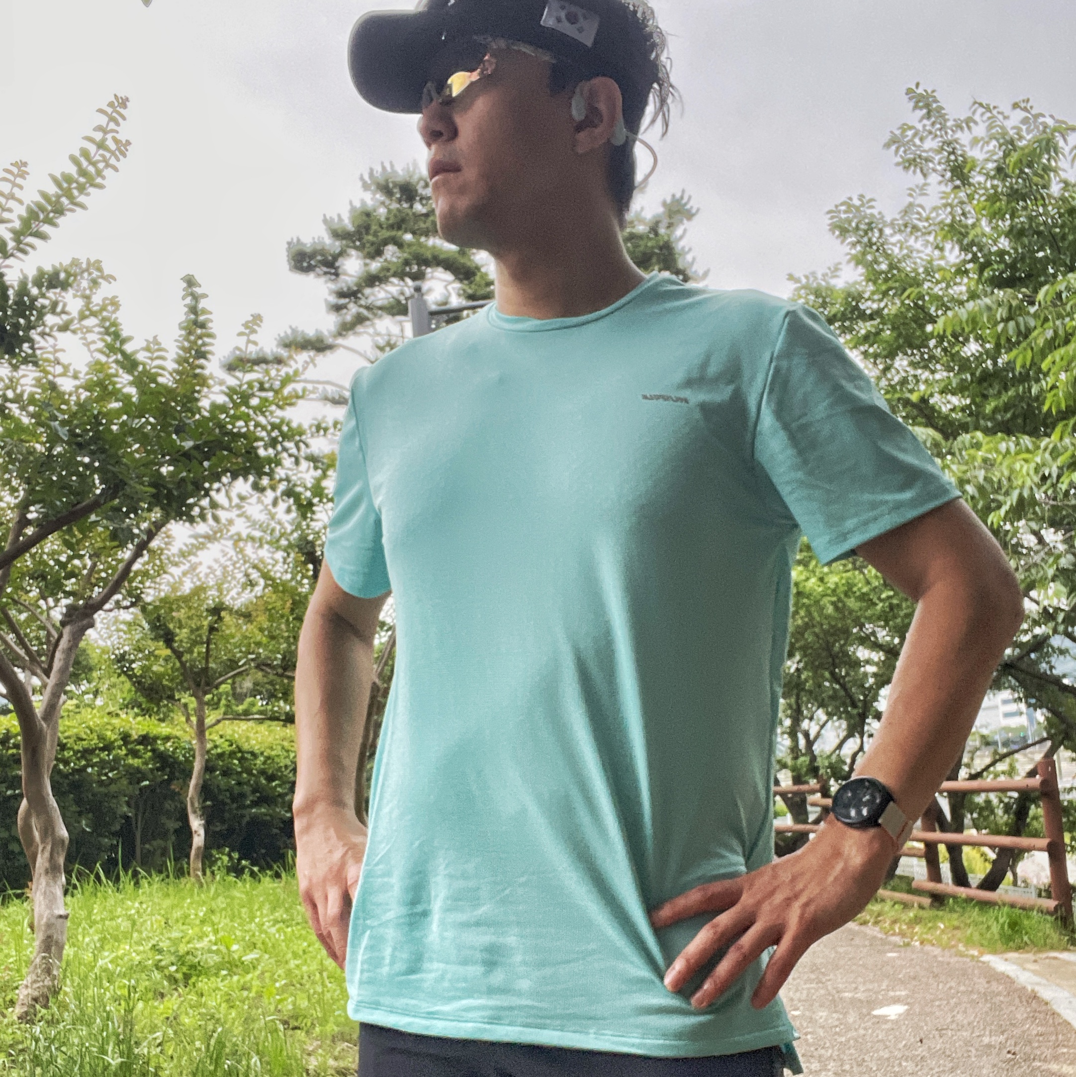 DECATHLON Men's Running Short-Sleeved T-Shirt Run Dry Graph 500 Lagoon Blue 착용 스타일 - 6