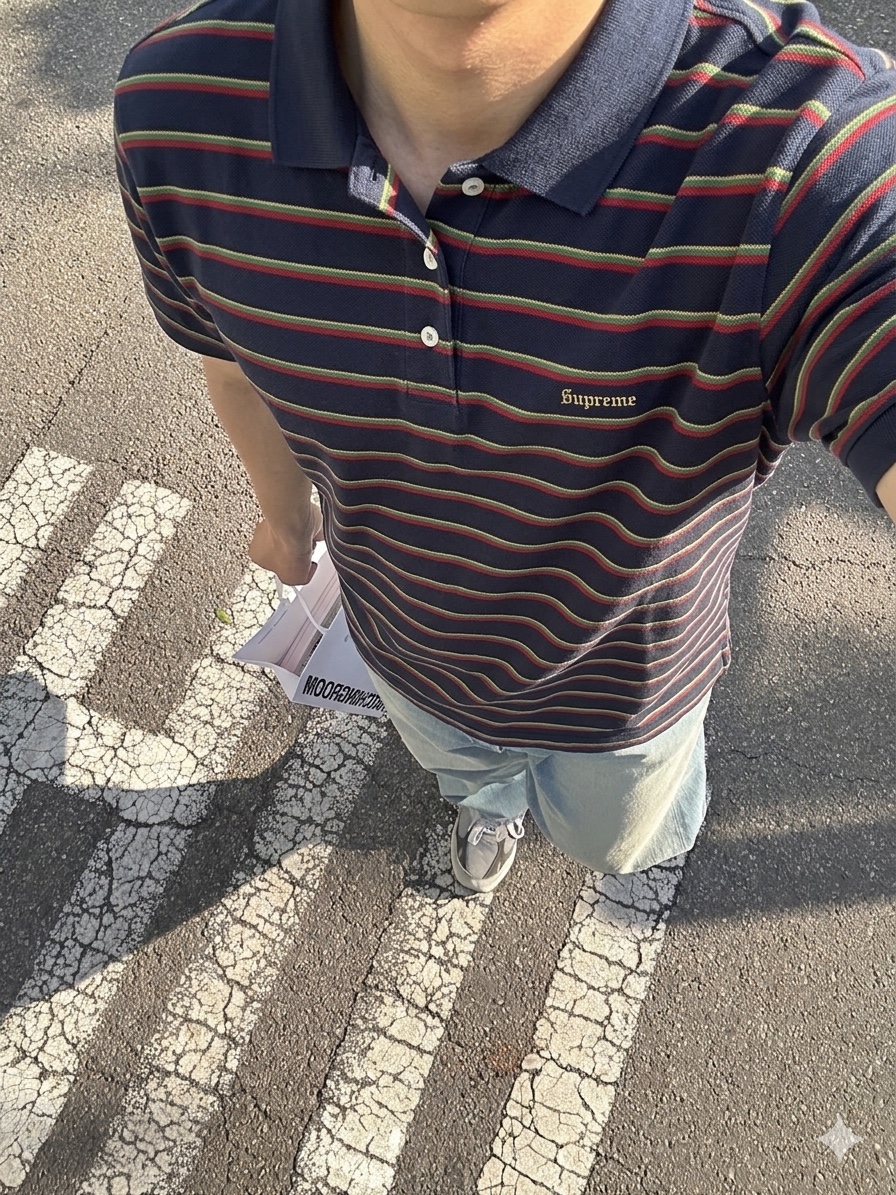 Supreme Washed Stripe Polo Navy - 26SS 착용 스타일