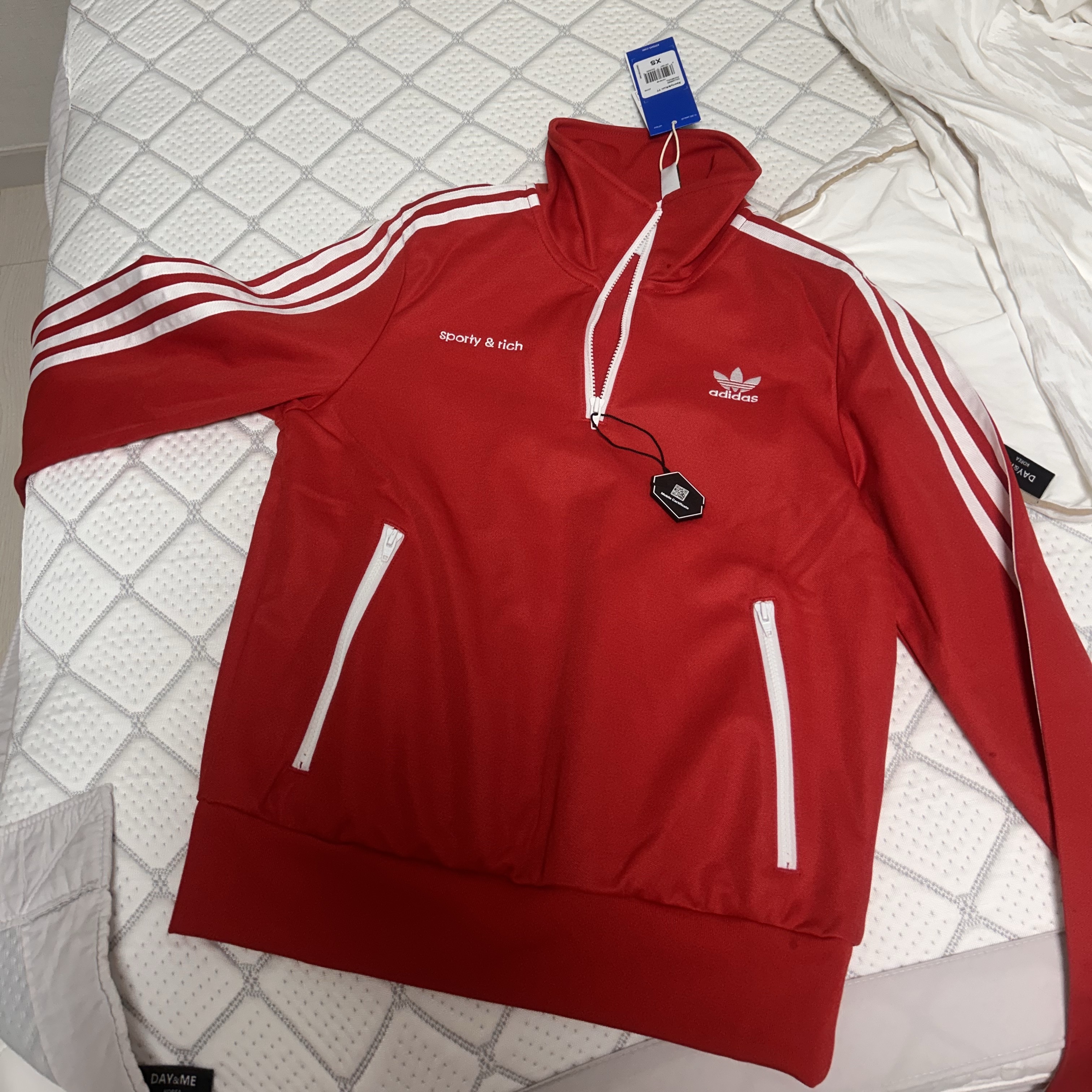 (W) Adidas x Sporty & Rich Half-Zip Track Jacket Collegiate Red - KR Sizing 착용 스타일