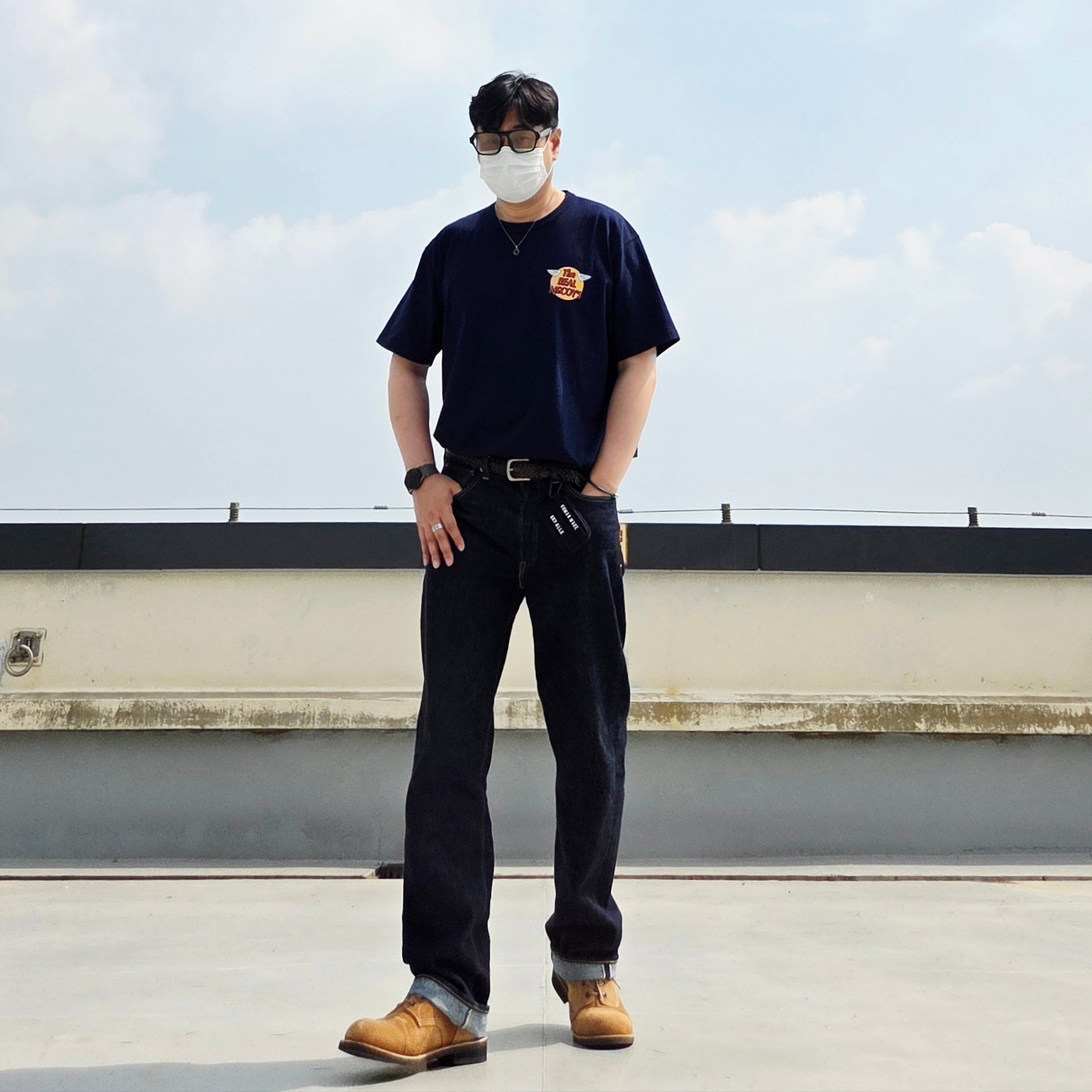 Fullcount 1101W Straight Denim One Wash Indigo Blue, Human Made Military Card Case Black 착용 스타일 - 1
