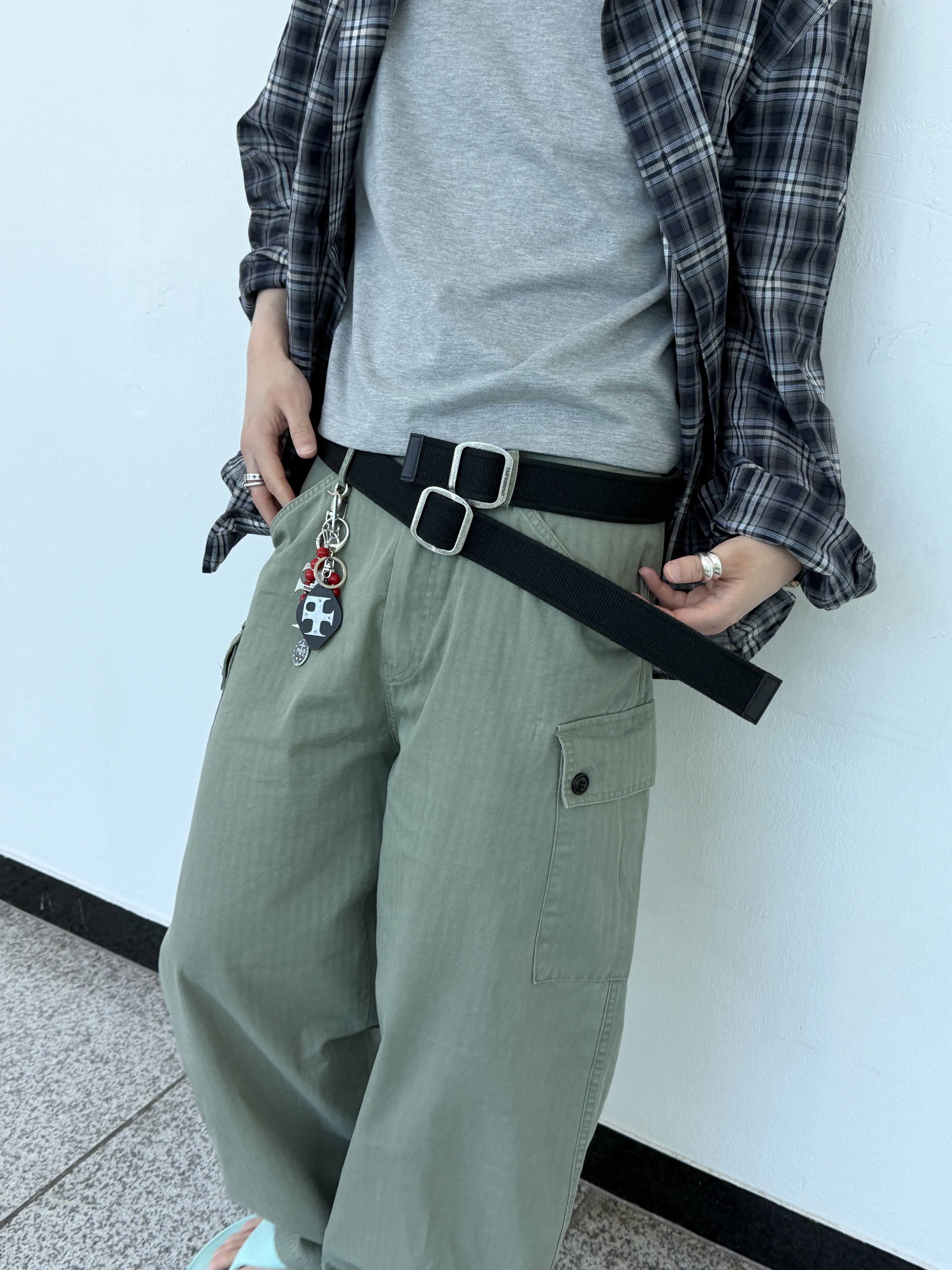 Nonnod Wire Sheer Shirt Navy, Farfromwhat Coated Double Buckle Woven Belt 착용 스타일 - 5