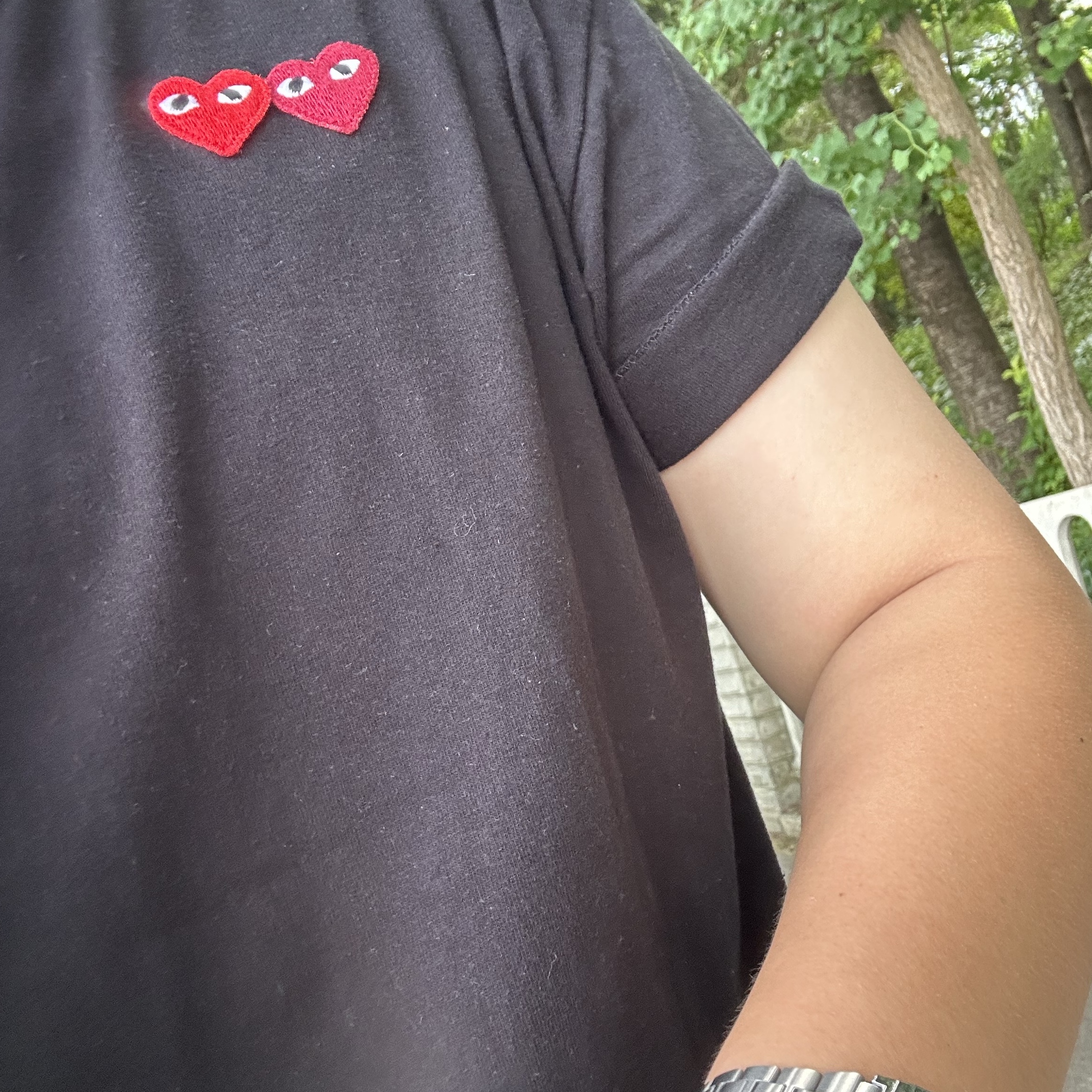 Play Comme des Garcons Double Heart T-Shirt Black, Casio A-158WA-1 착용 스타일