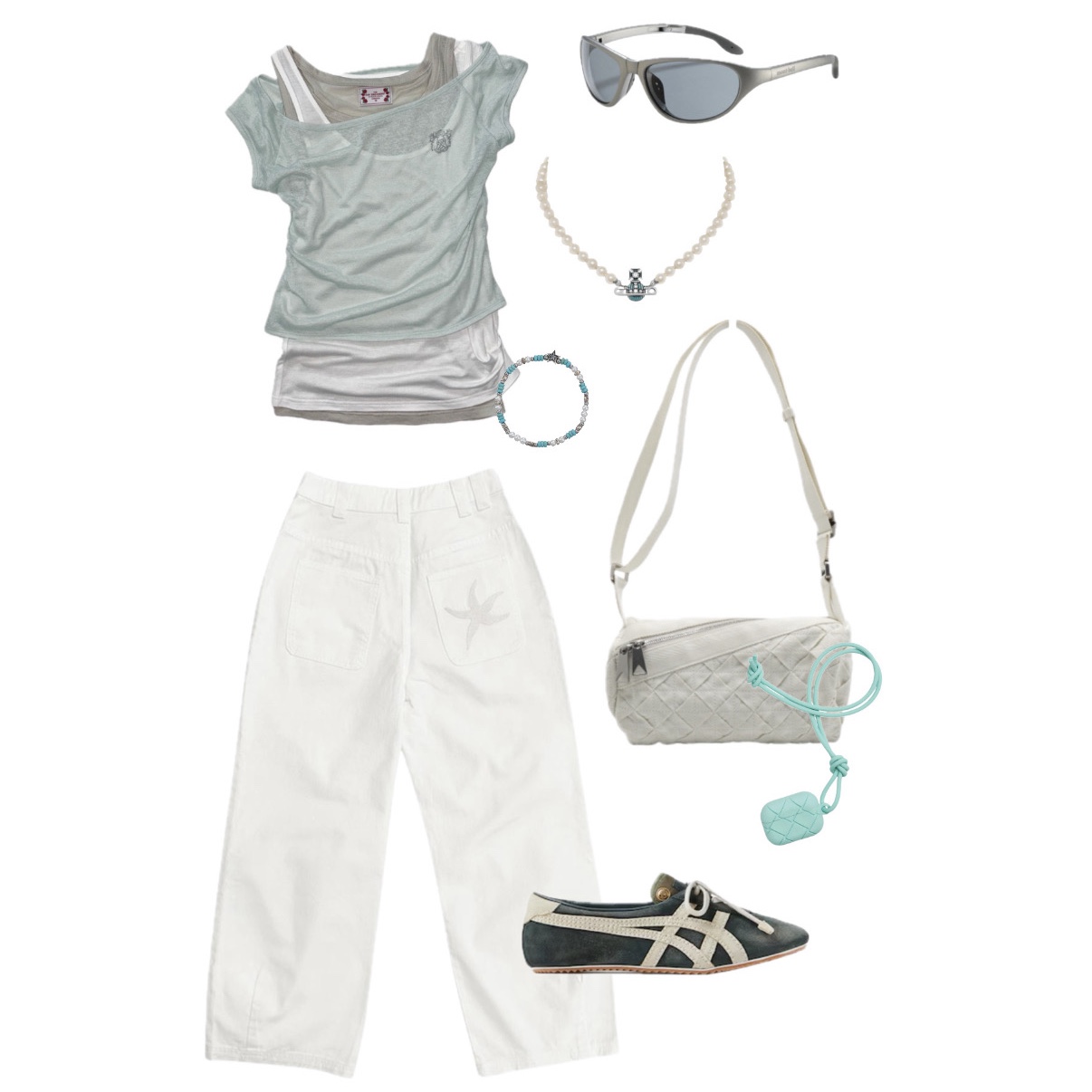Sculptor Lazy Sleeveless Layered Tee Mint, Vivienne Westwood Kitty Pearl Necklace Platinum Crystal Aqua Bohemica 착용 스타일
