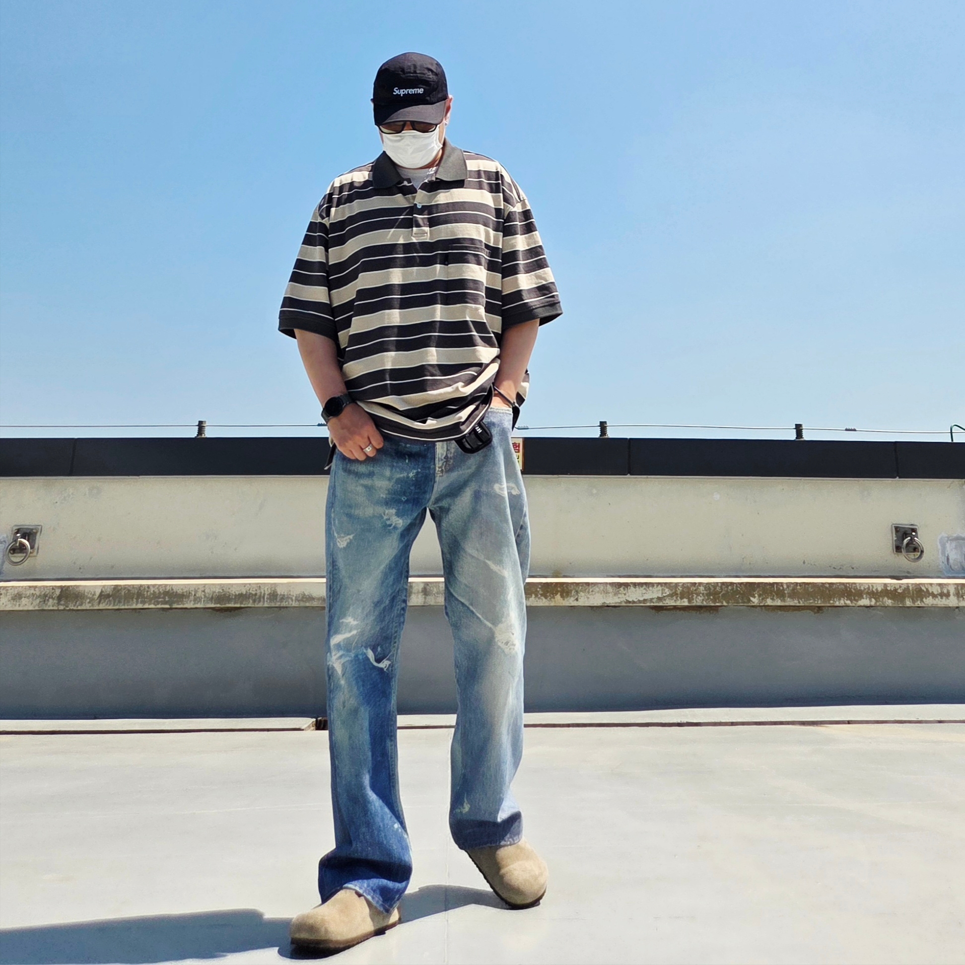 Our Legacy Third Cut Digital Denim Print, [SS26] moif Wide Polo H/S Shirt Gray Multi Stripe 착용 스타일 - 1