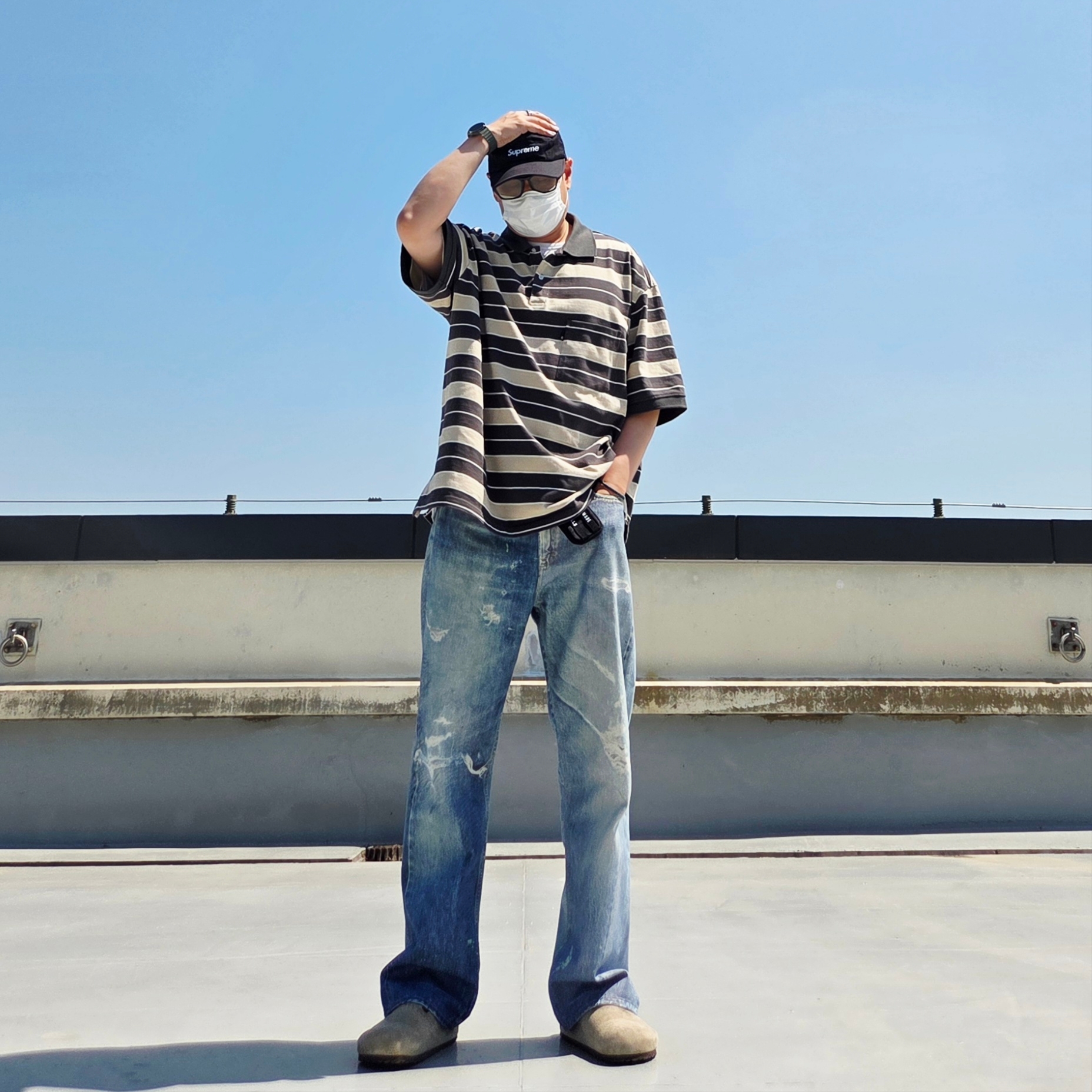 Our Legacy Third Cut Digital Denim Print, [SS26] moif Wide Polo H/S Shirt Gray Multi Stripe 착용 스타일 - 2