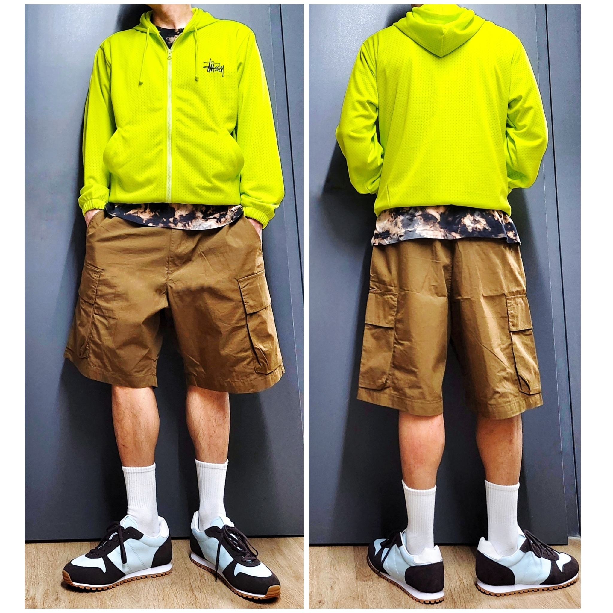Stussy Athletic Mesh Zip Hoodie Safety Green 착용 스타일 - 2