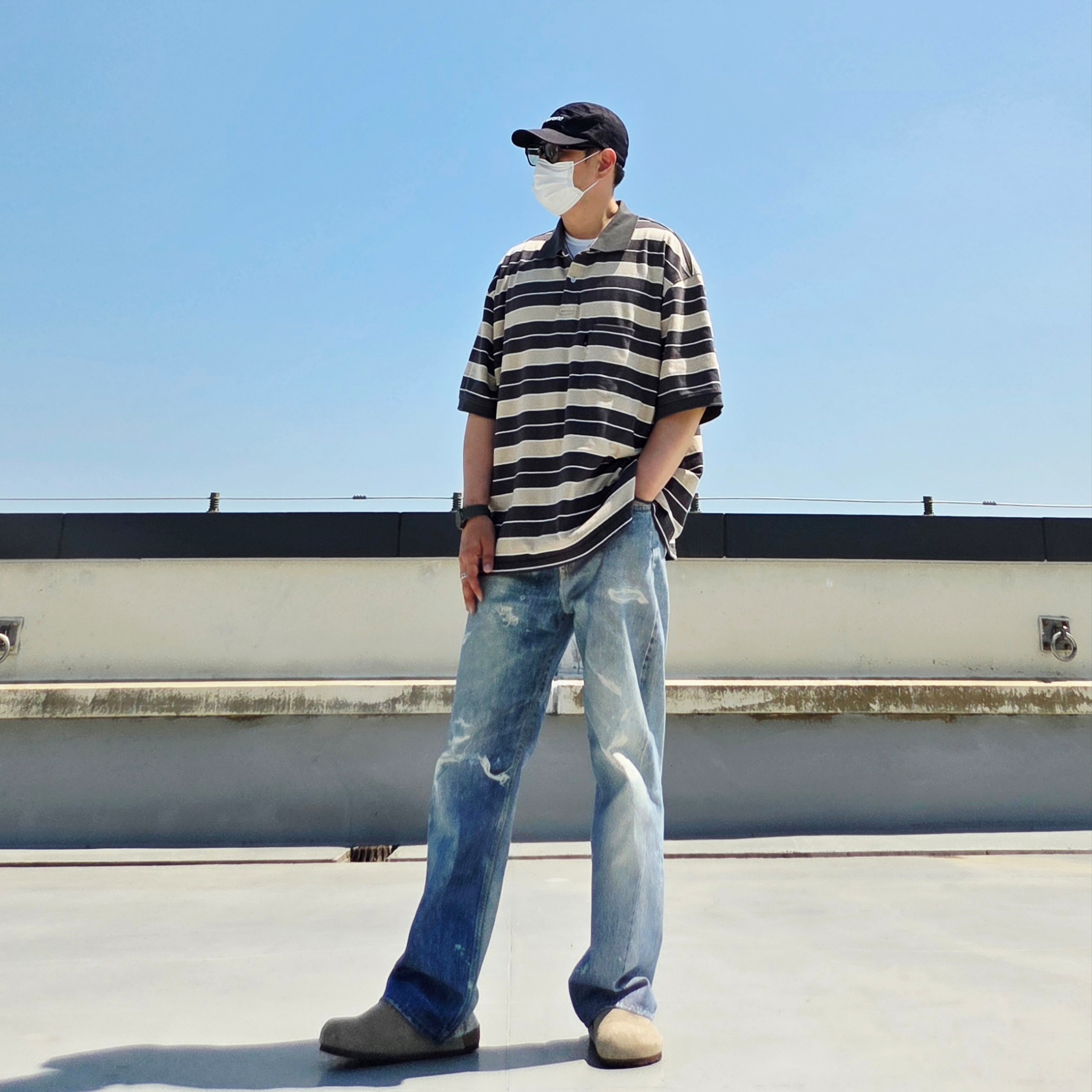 Our Legacy Third Cut Digital Denim Print, [SS26] moif Wide Polo H/S Shirt Gray Multi Stripe 착용 스타일 - 3