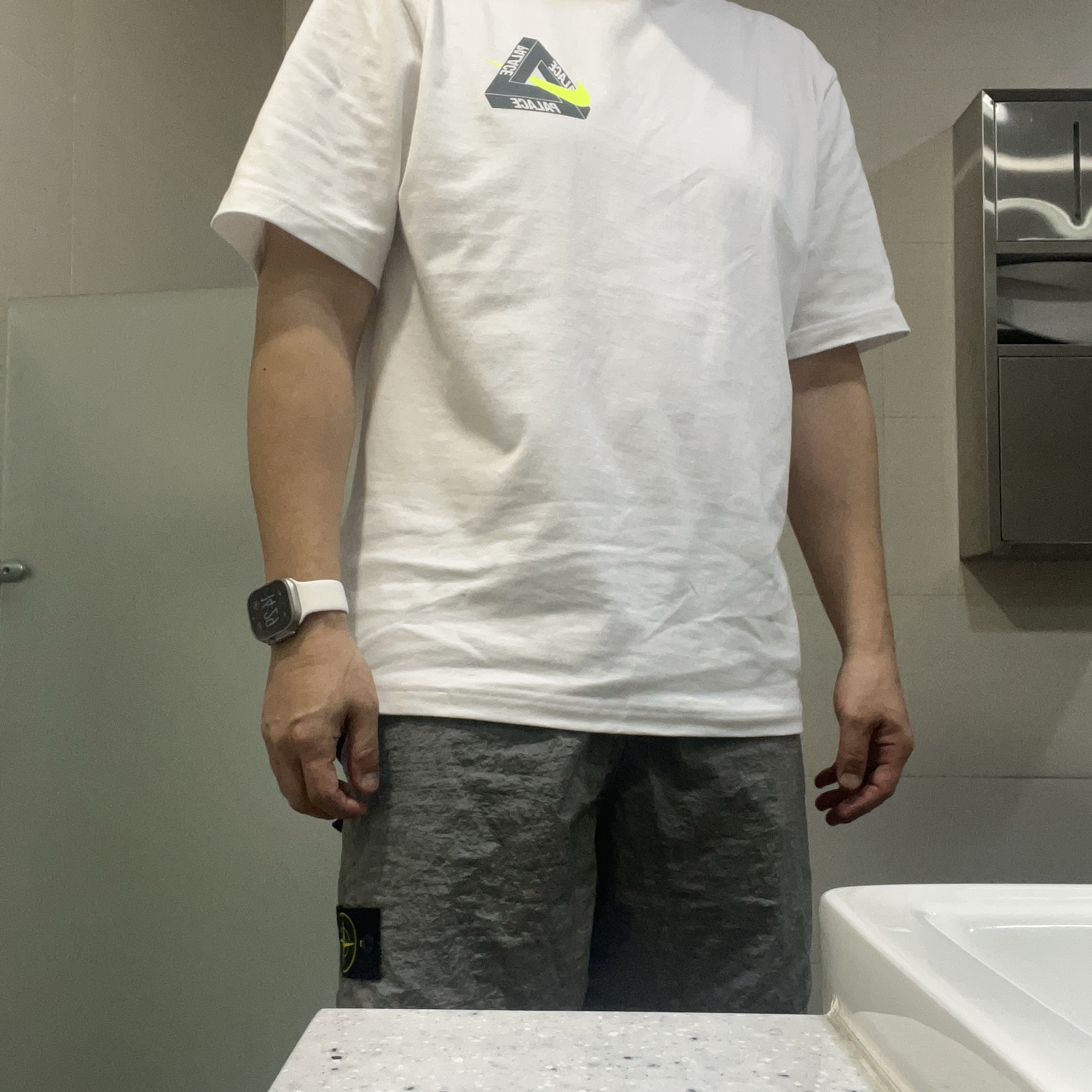 Palace x Nike Tri Swoosh T-Shirt White - 25FW, Stone Island L100008 Nylon Metal In Econyl Comfort-Fit Shorts with Elasticated Waist Pearl Grey - 26SS 착용 스타일