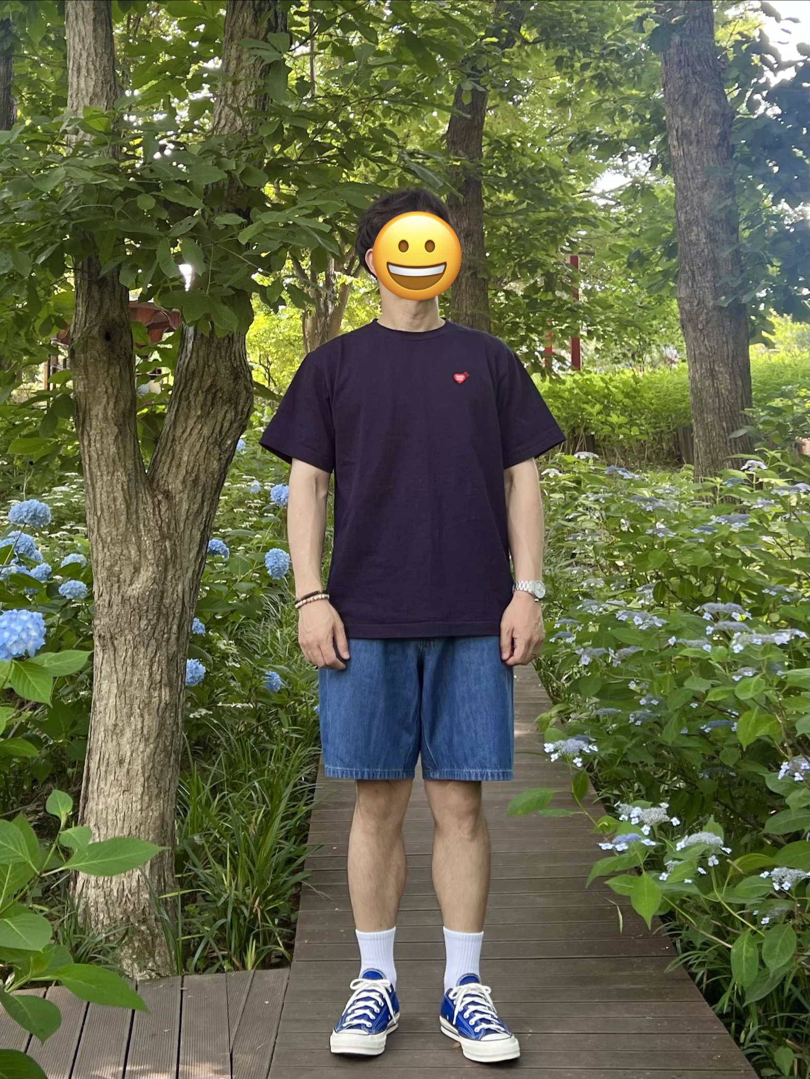 Human Made Heart Badge T-Shirt Navy, Converse Chuck 70 Ox Vintage Canvas Rush Blue 착용 스타일 - 1