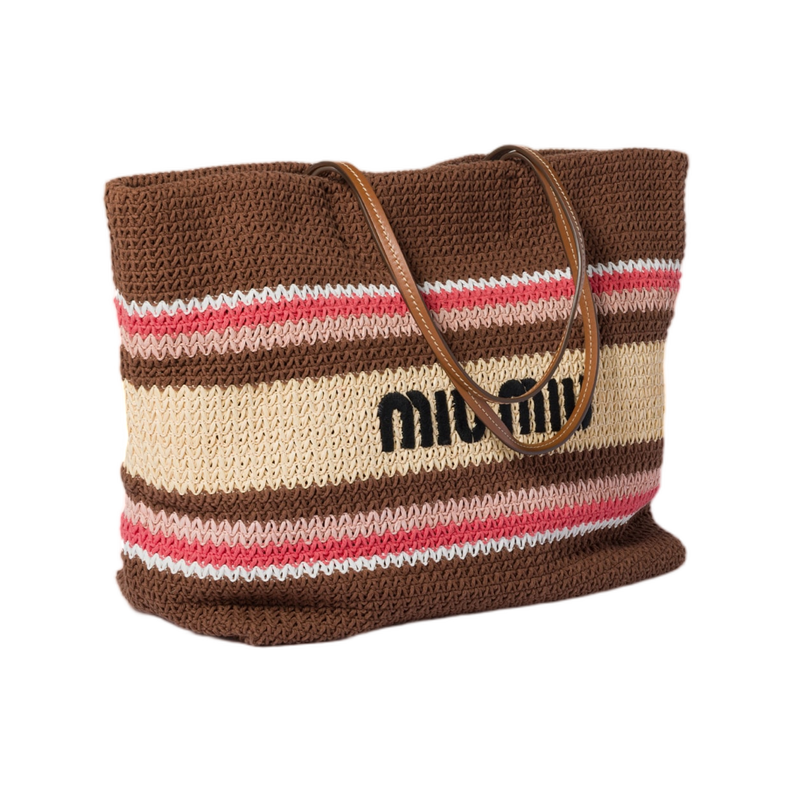 미우 미우 라피아 이펙트 우븐 토트백 토바코 스트로베리 내츄럴(Miu Miu Raffia Effect Woven Tote Bag Tobacco Strawberry Natural) - 2