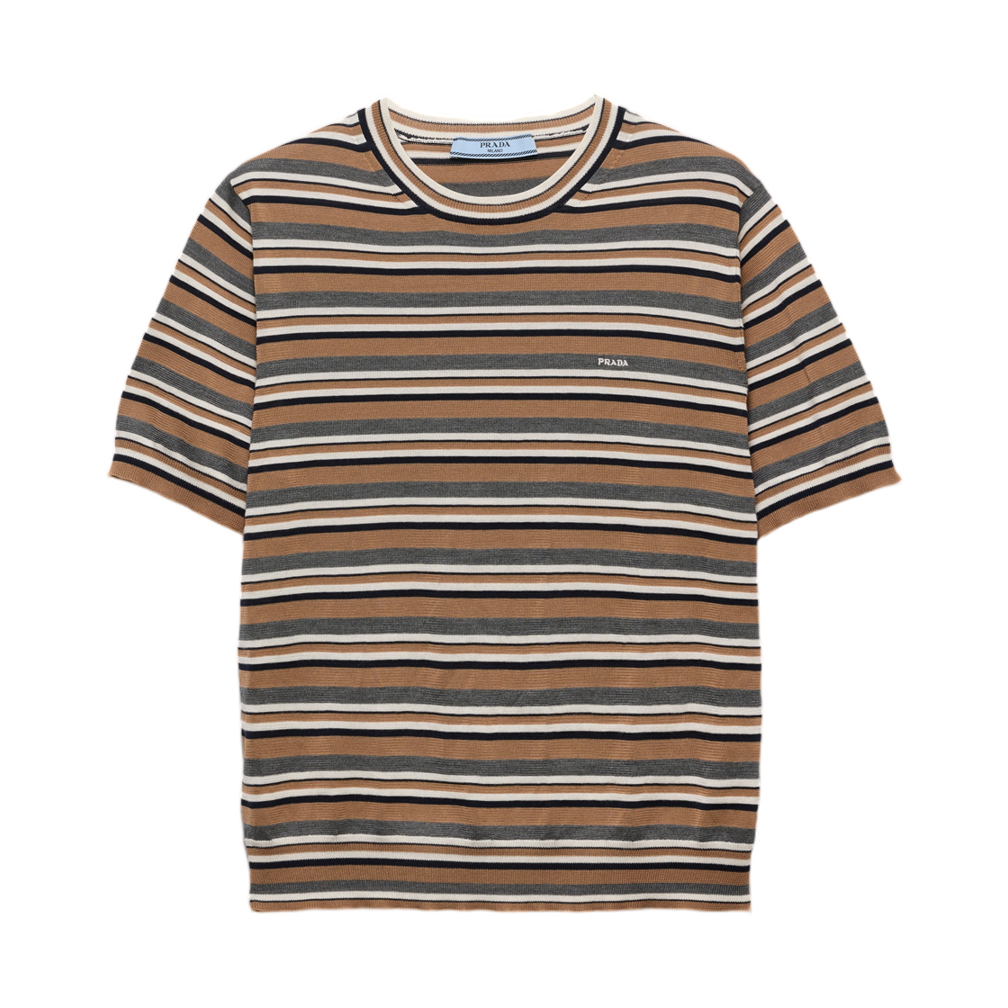 P24D3Z-193W-F0G4A (W) Prada Short-Sleeved Striped Jersey T-Shirt Camel Brown Slate Gray