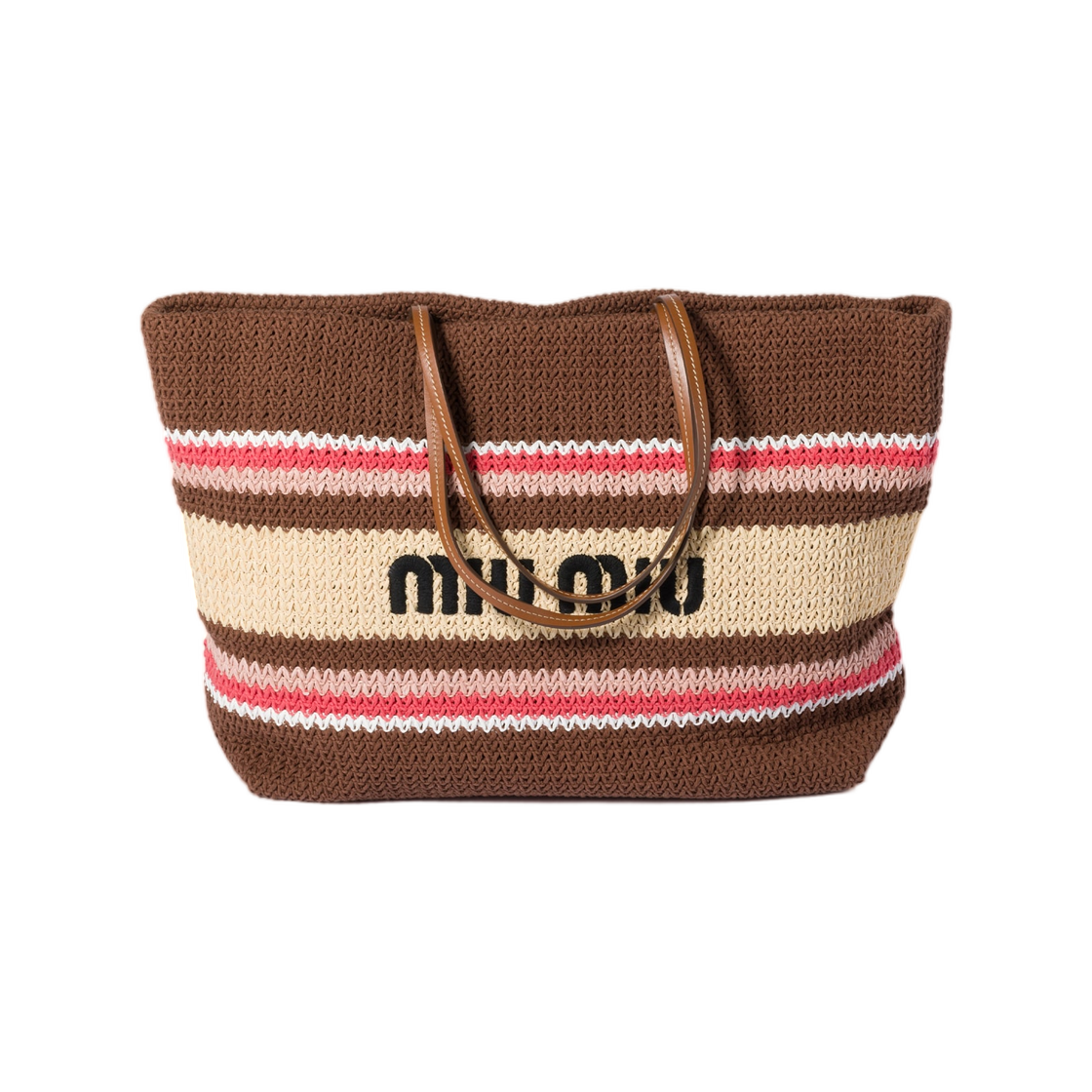 5BG228-2DO3-F05CP Miu Miu Raffia Effect Woven Tote Bag Tobacco Strawberry Natural