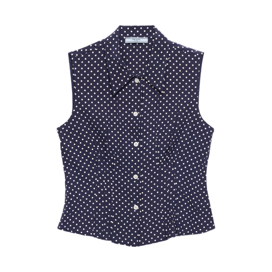 P499HX-19ZN-F022X (W) Prada Sleeveless Polka-Dot Marocain Silk Shirt Blue White