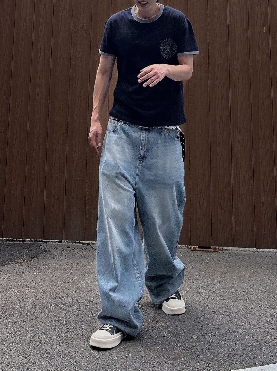NOD Wide Baggy Denim pants Mid blue 착용 스타일 - 3