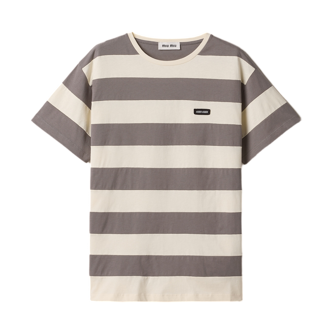 (W) 미우 미우 스트라이프 저지 티셔츠 초크 아이언((W) Miu Miu Striped Jersey T-Shirt Chalk Iron)