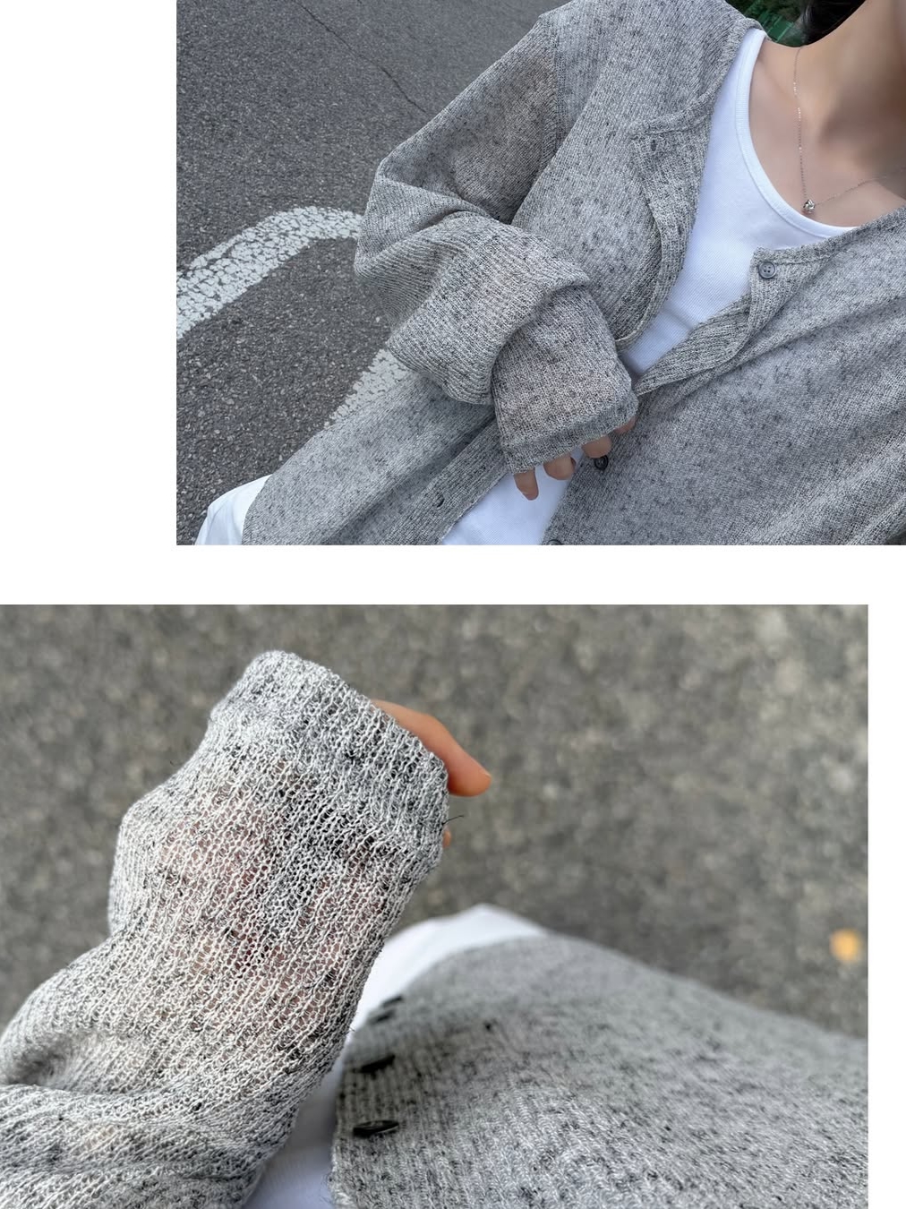Knitted Summer Long Sleeve Cardigan Grey 착용 스타일 - 3