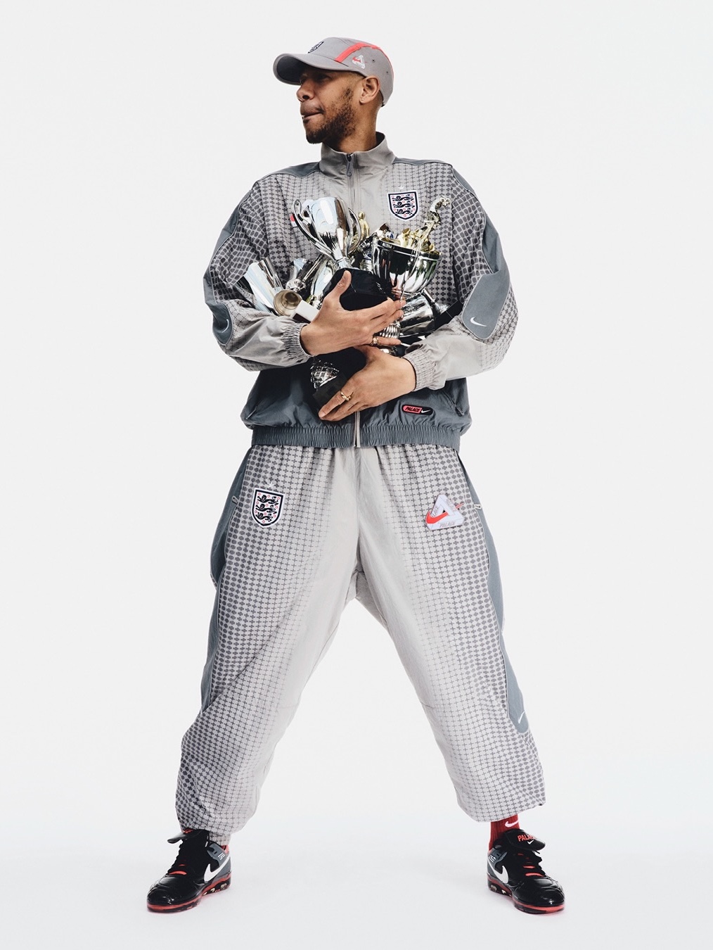 Nike x Palace Cryoshot Air Speed M Black and Crimson, Palace x Nike England Varsity Jacket Cool Grey White 착용 스타일 - 7