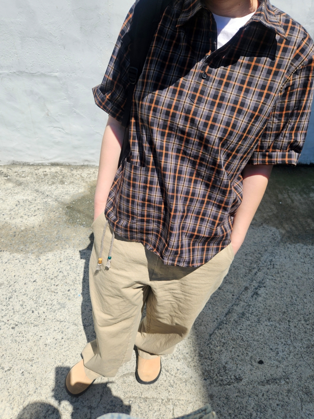Safarispot Pocket Check Half Shirts Brown 착용 스타일 - 6