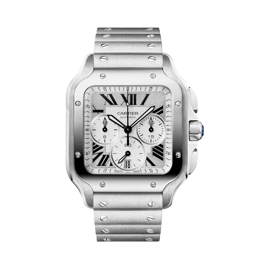 까르띠에 산토스 드 까르띠에 워치 스틸 스틸 브레이슬릿 블랙 러버 세컨드 스트랩(Cartier Santos de Cartier Watch Steel Steel Bracelet Black Rubber Second Strap)