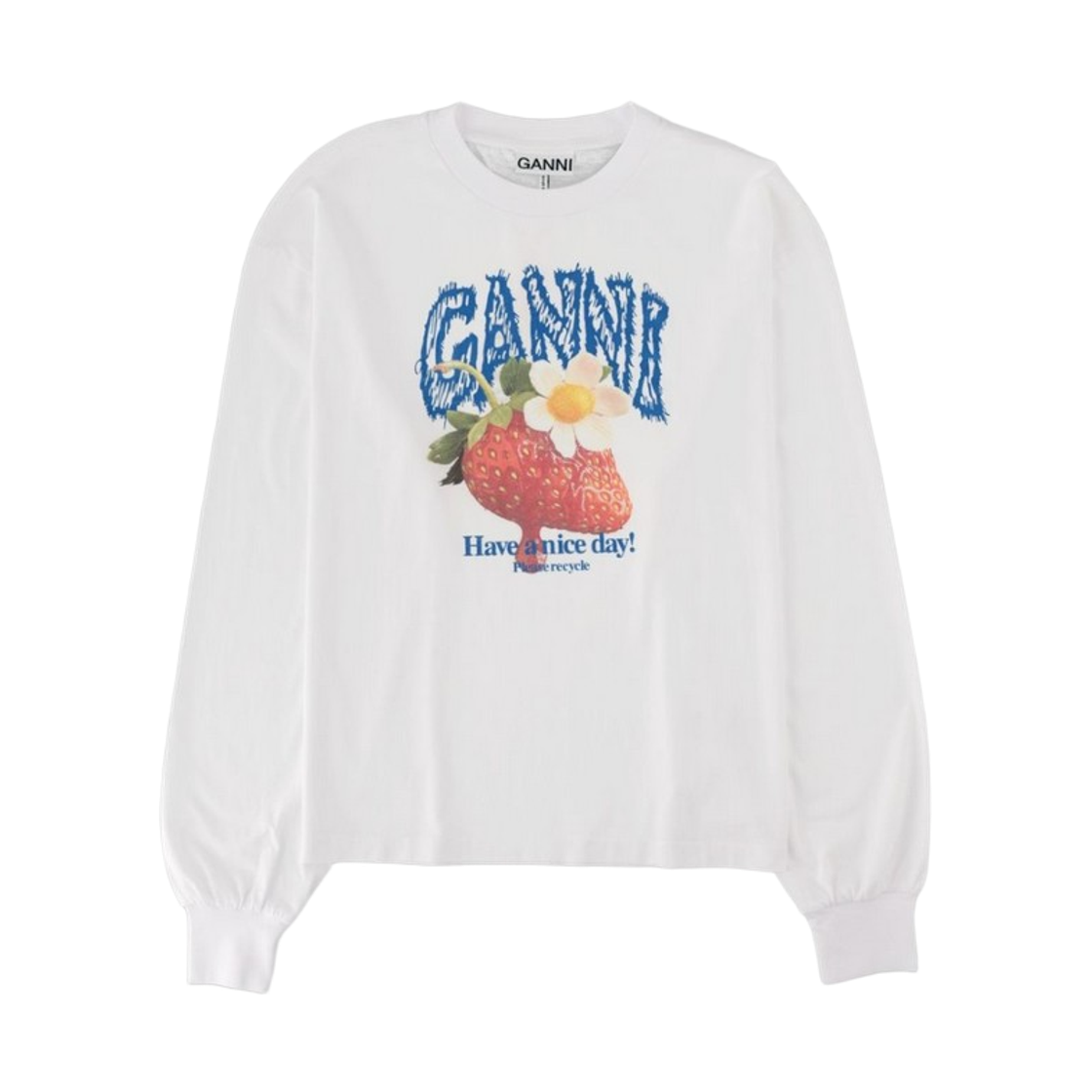 A1050241-151 (W) Ganni Strawberry Graphic Long Sleeve T-Shirt Bright White