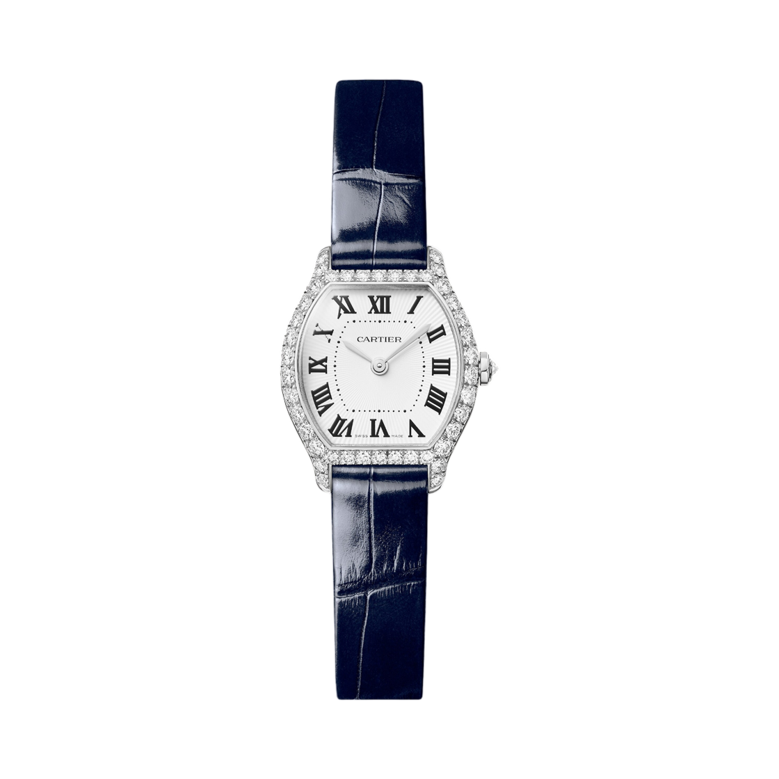 까르띠에 똑뛰 워치 화이트 골드 다이아 셋팅 샤이니 네이비 블루 앨리게이터 스킨(Cartier Tortue Watch White Gold Diamond-Set Shiny Navy Blue Alligator Skin)