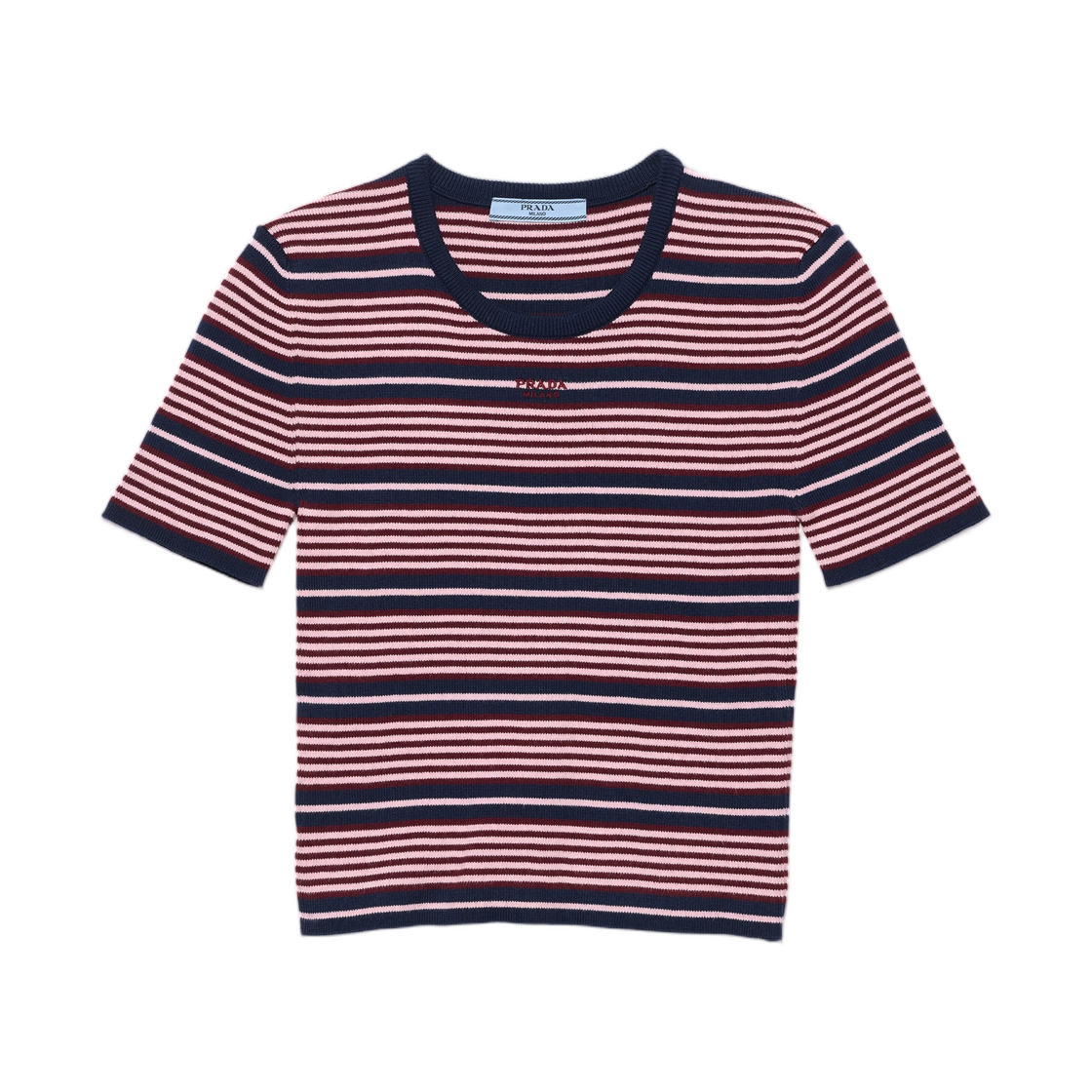 P24B3E-19IM-F0CP8 (W) Prada Short-Sleeved Striped Cotton Sweater Navy Petal