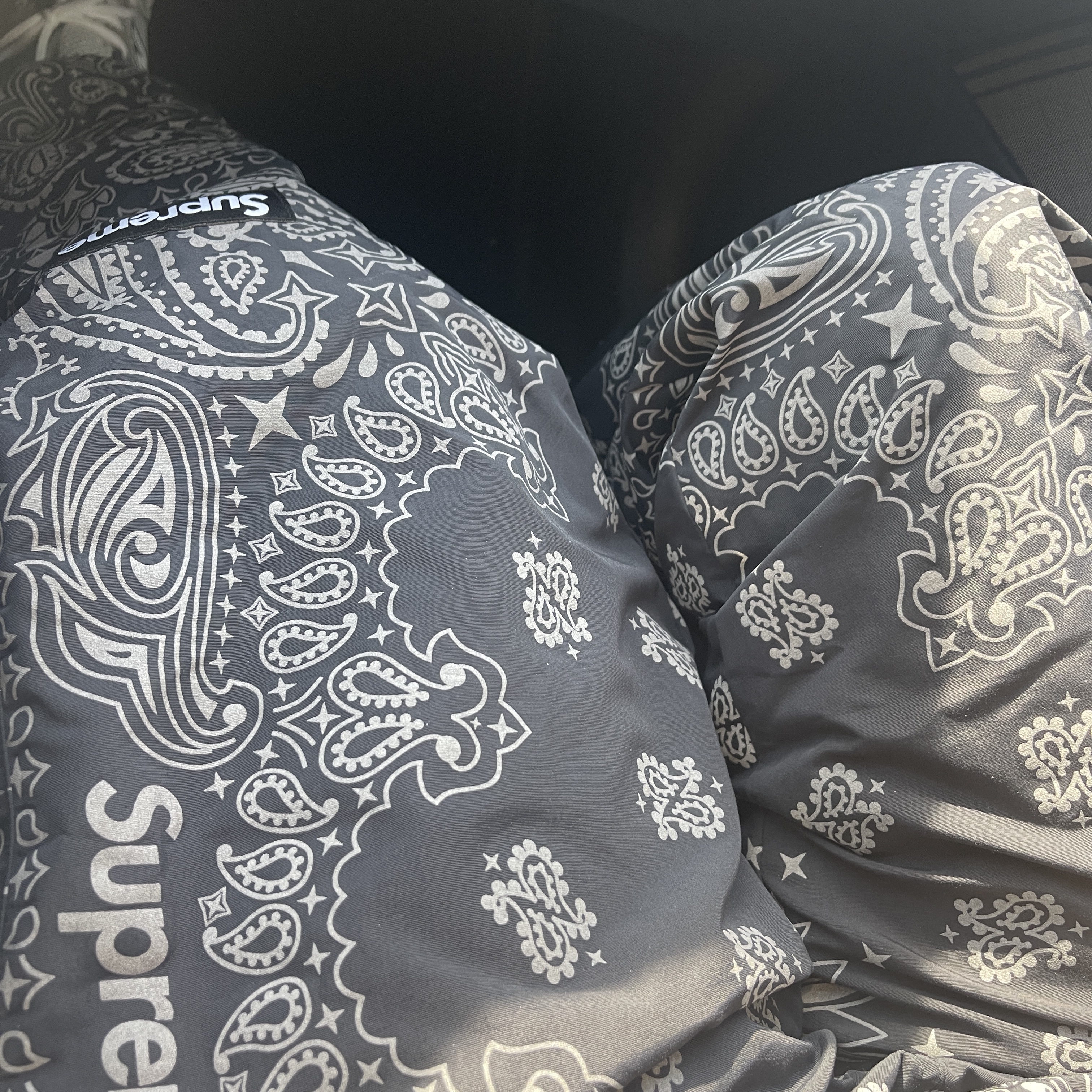 Supreme Reflective Bandana Track Pant Black - 26SS, Jordan 1 x Travis Scott Retro Low OG SP Reverse Olive 착용 스타일 - 2