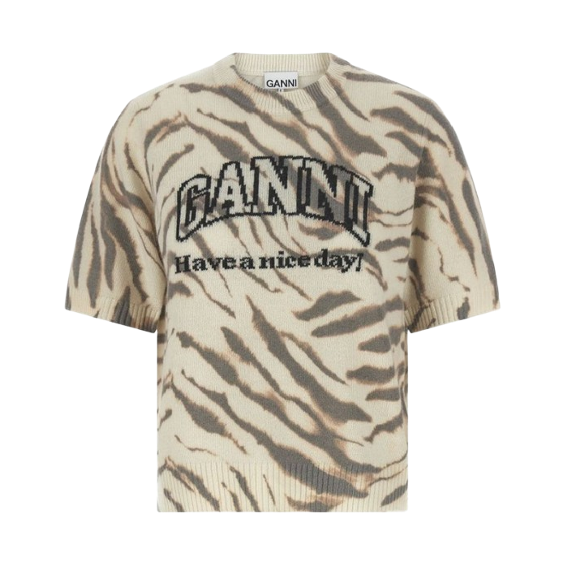 A1050227-135 (W) Ganni Zebra Logo Short Sleeve Knit Jumper Egret