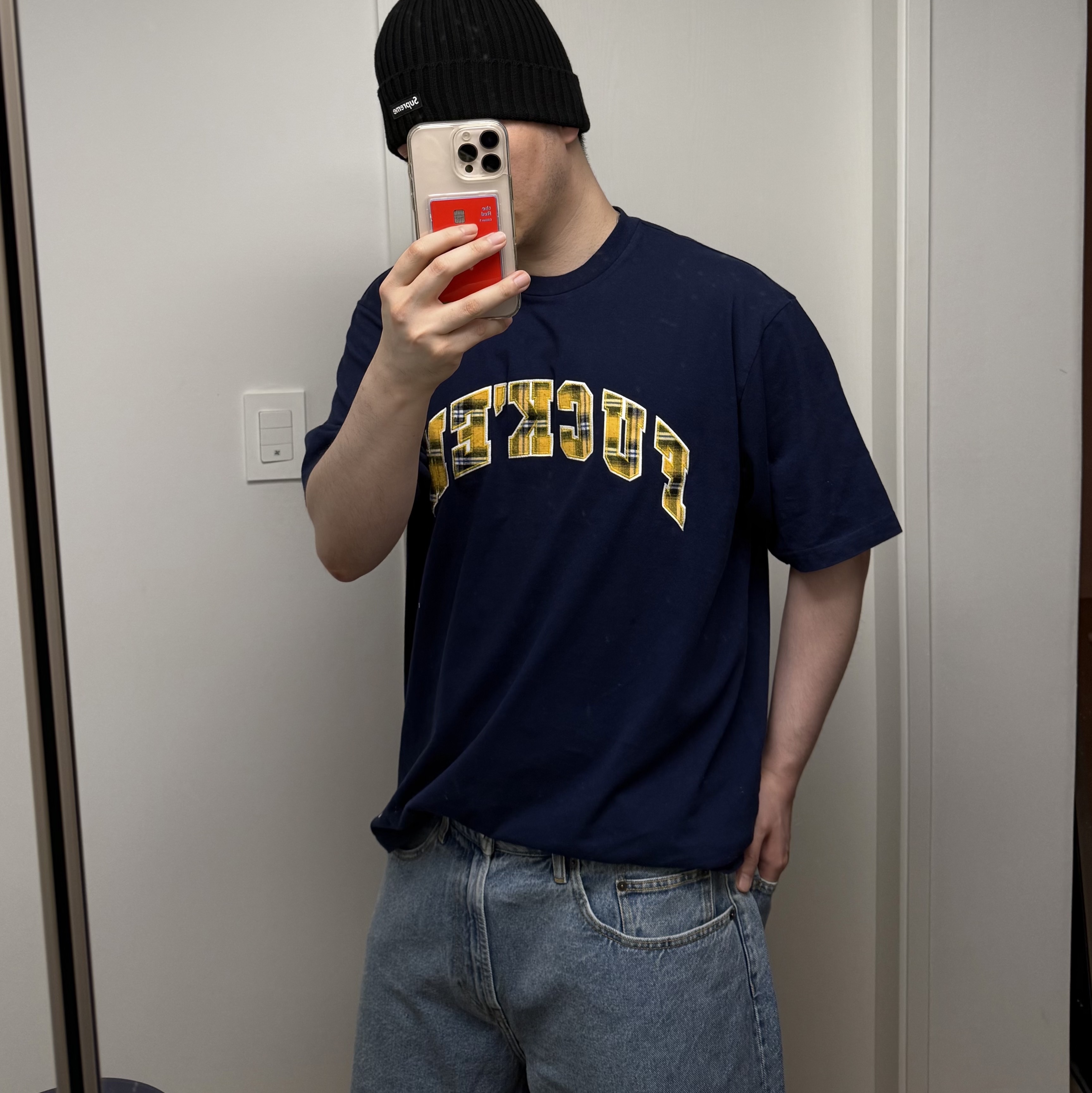 Supreme Fuck Em Plaid S/S Top Navy - 26SS, Supreme Baggy Denim Short Washed Indigo - 26SS 착용 스타일
