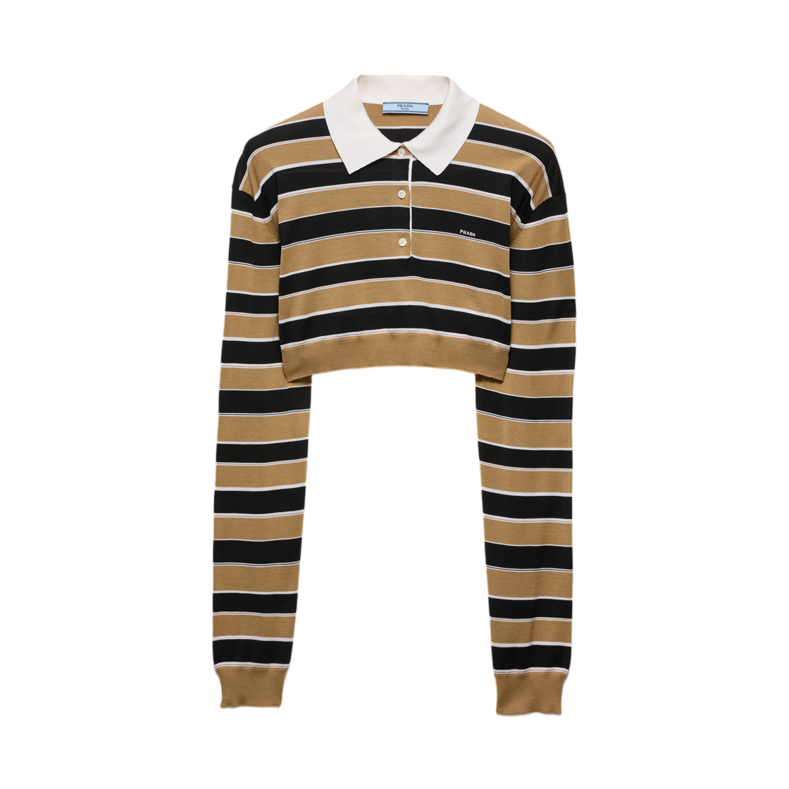 P24D3T-193S-F0844 (W) Prada Cropped Striped Silk Polo Shirt Sand Black