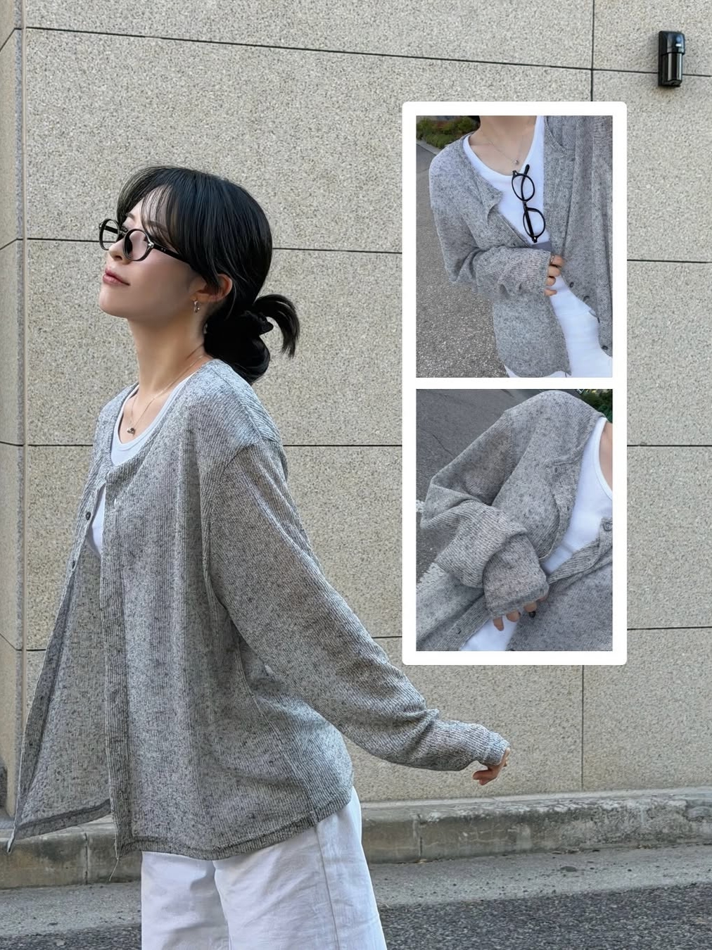 Knitted Summer Long Sleeve Cardigan Grey 착용 스타일 - 1