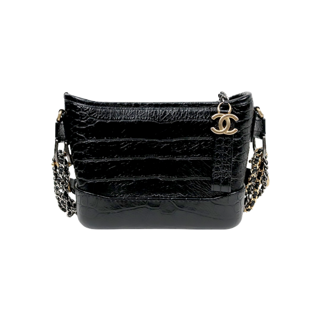 ITQ4PU3EK7F3 Chanel Black Small Strap Logo Crocodile Gabrielle Hobo Bag