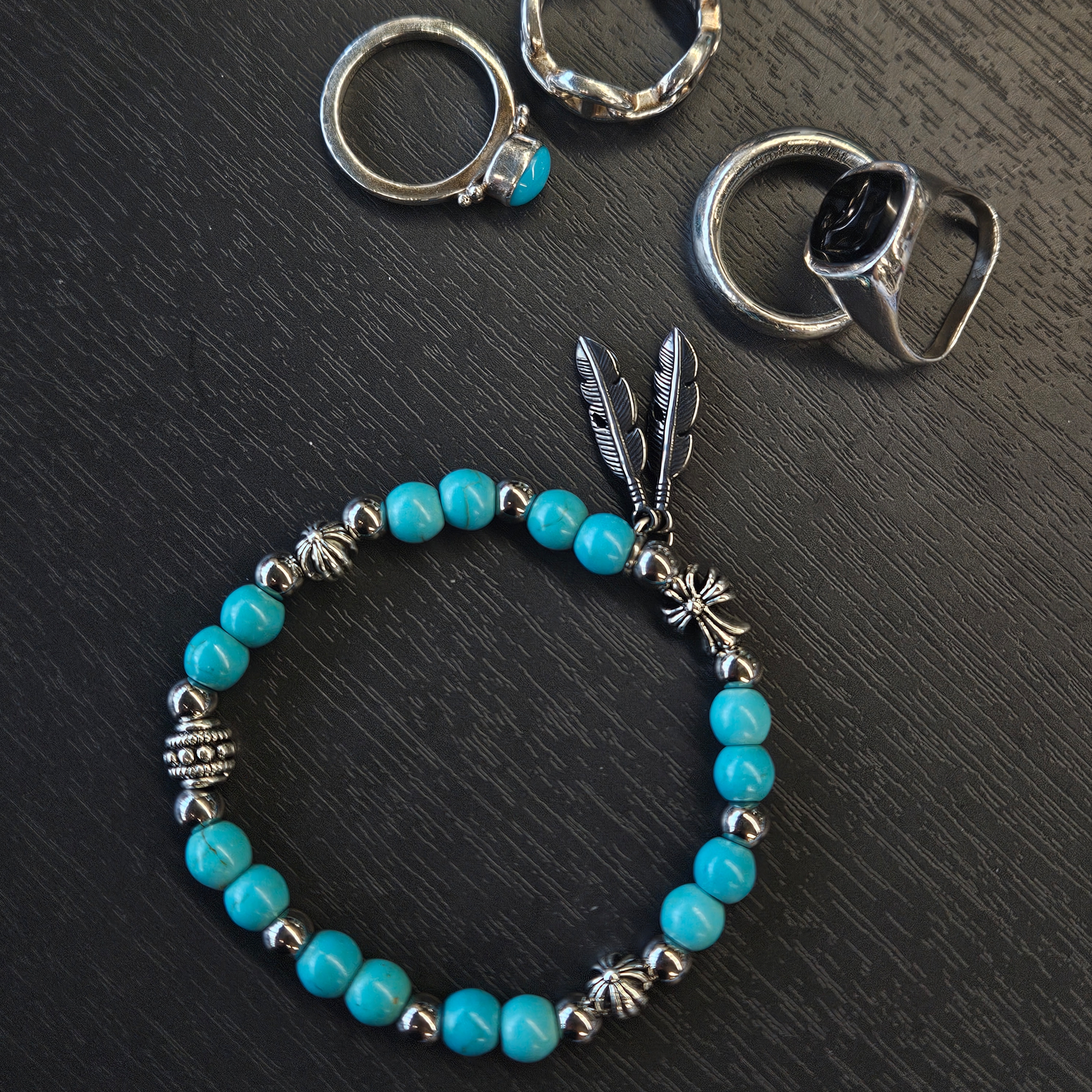 December Ten Turquoise Beads Bracelet, (W) Hermes Small Chaine D'Ancre Enchainee Ring Sterling Silver 착용 스타일 - 2