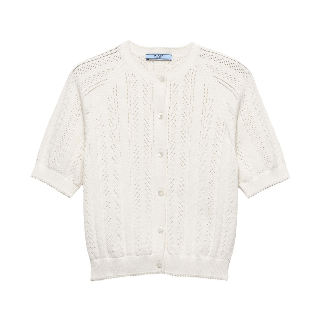 P25O35-193Q-F0009 (W) Prada Short-Sleeved Openwork Cotton Cardigan White