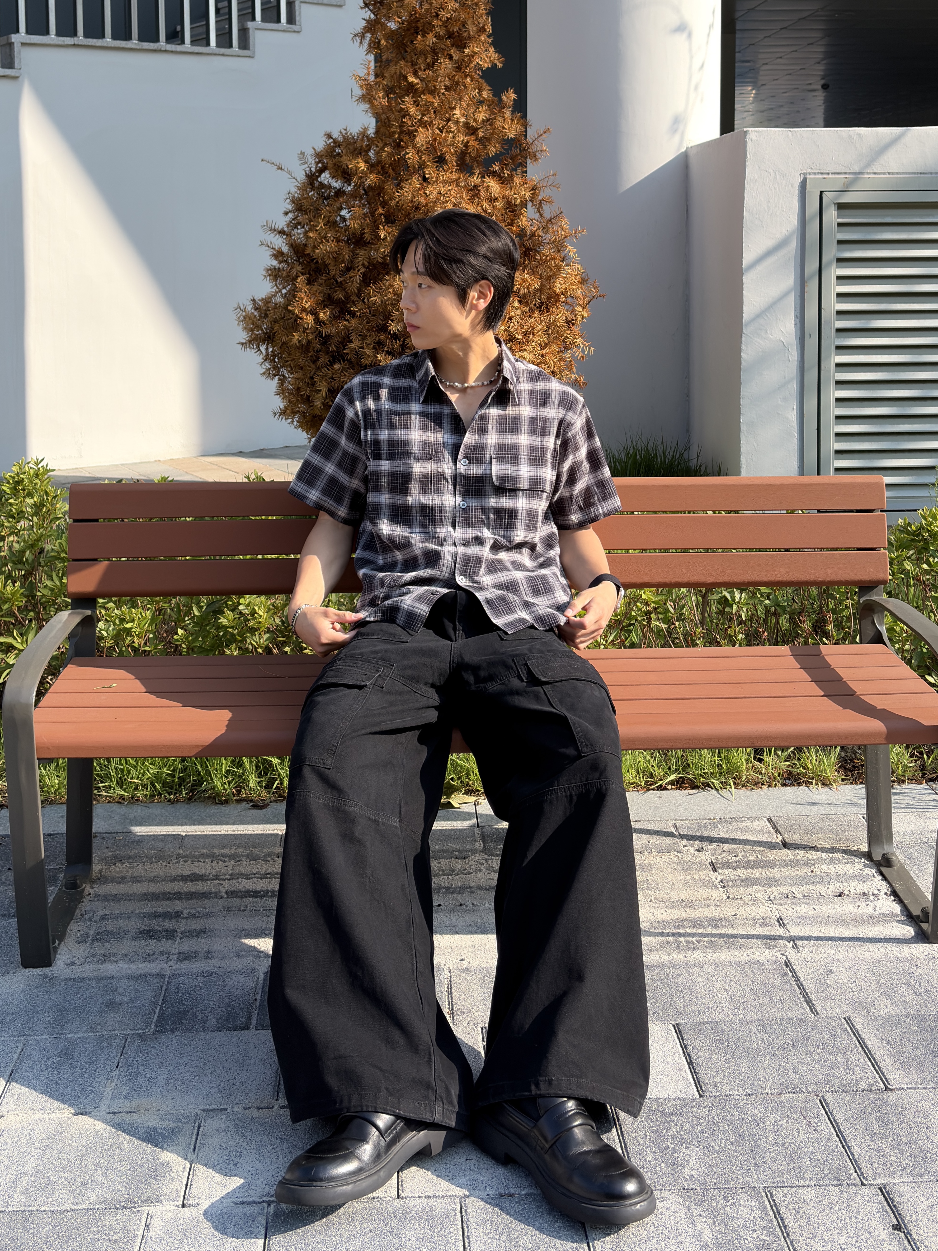 noun Crop Check Shirts Black 착용 스타일 - 2
