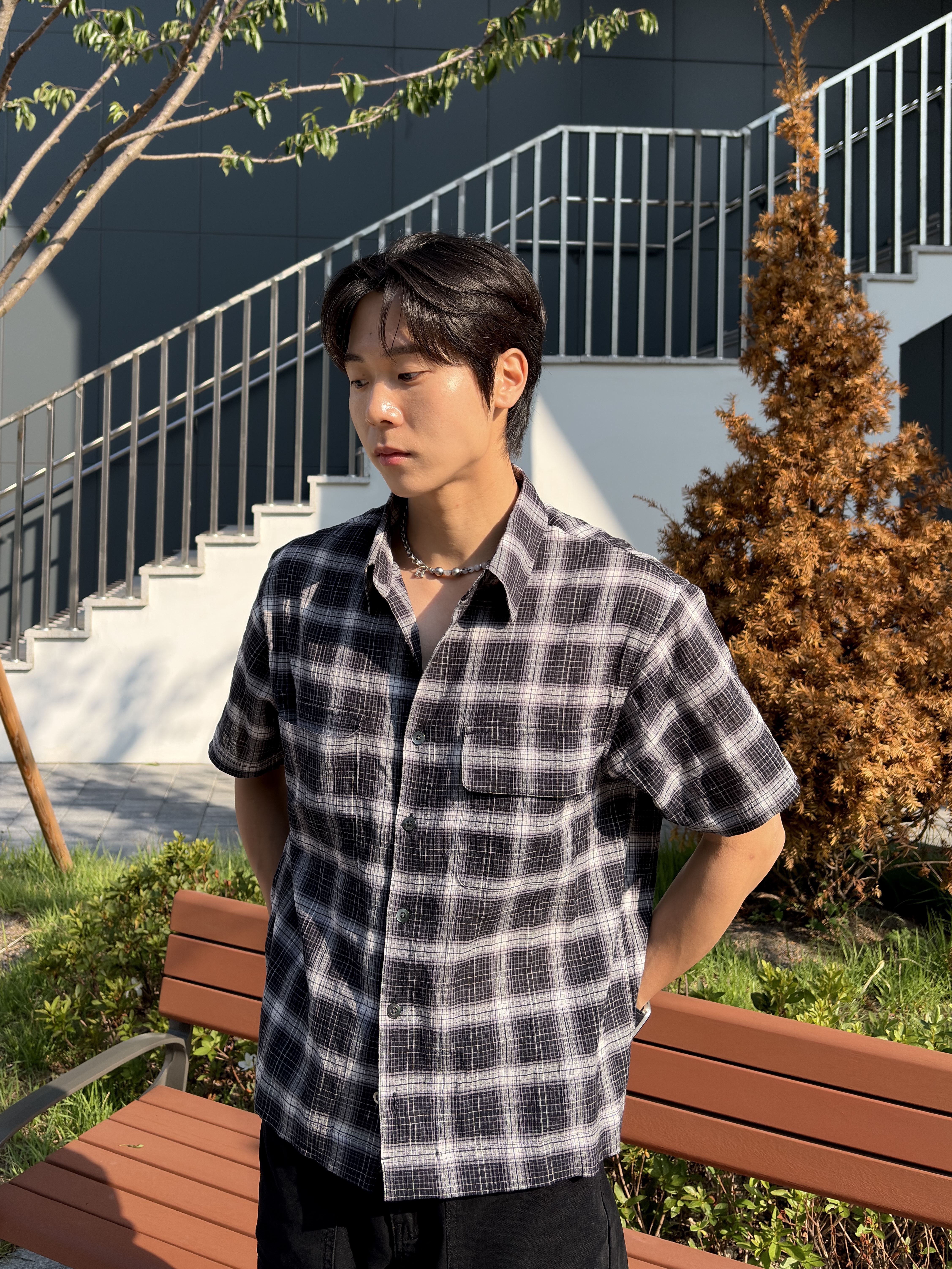 noun Crop Check Shirts Black 착용 스타일 - 3