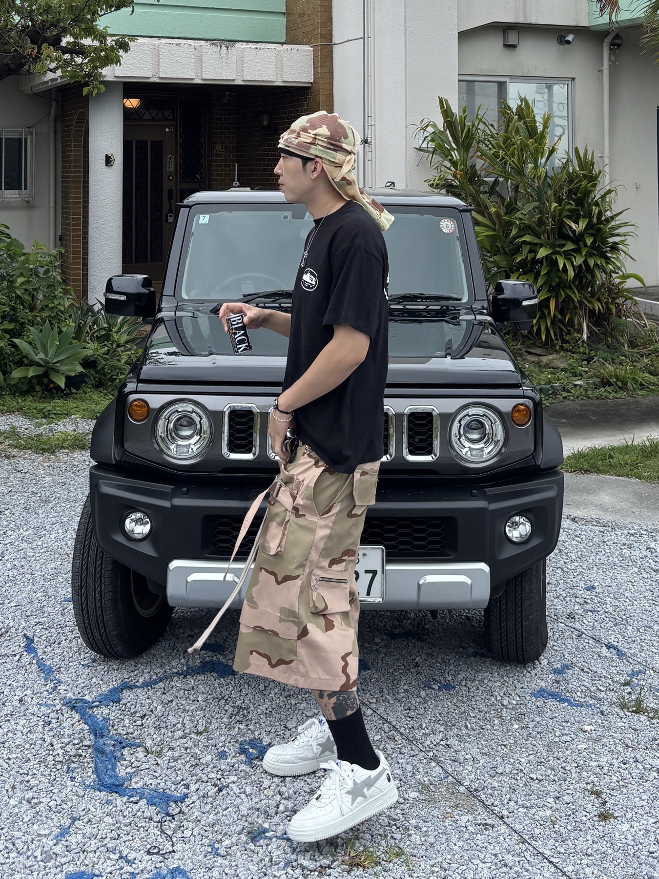 Wapworks Field Safety Bermuda Desert, BAPE x JJJJound Bape Sta Low White Light Grey 착용 스타일 - 2