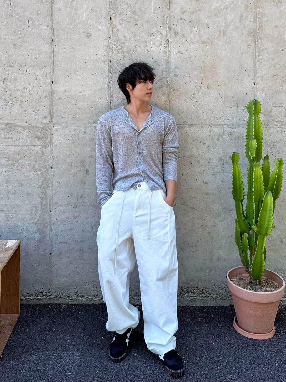 Knitted Summer Long Sleeve Cardigan Grey, Knitted Outstring Curved Cotton Balloon Pants Black 착용 스타일 - 2