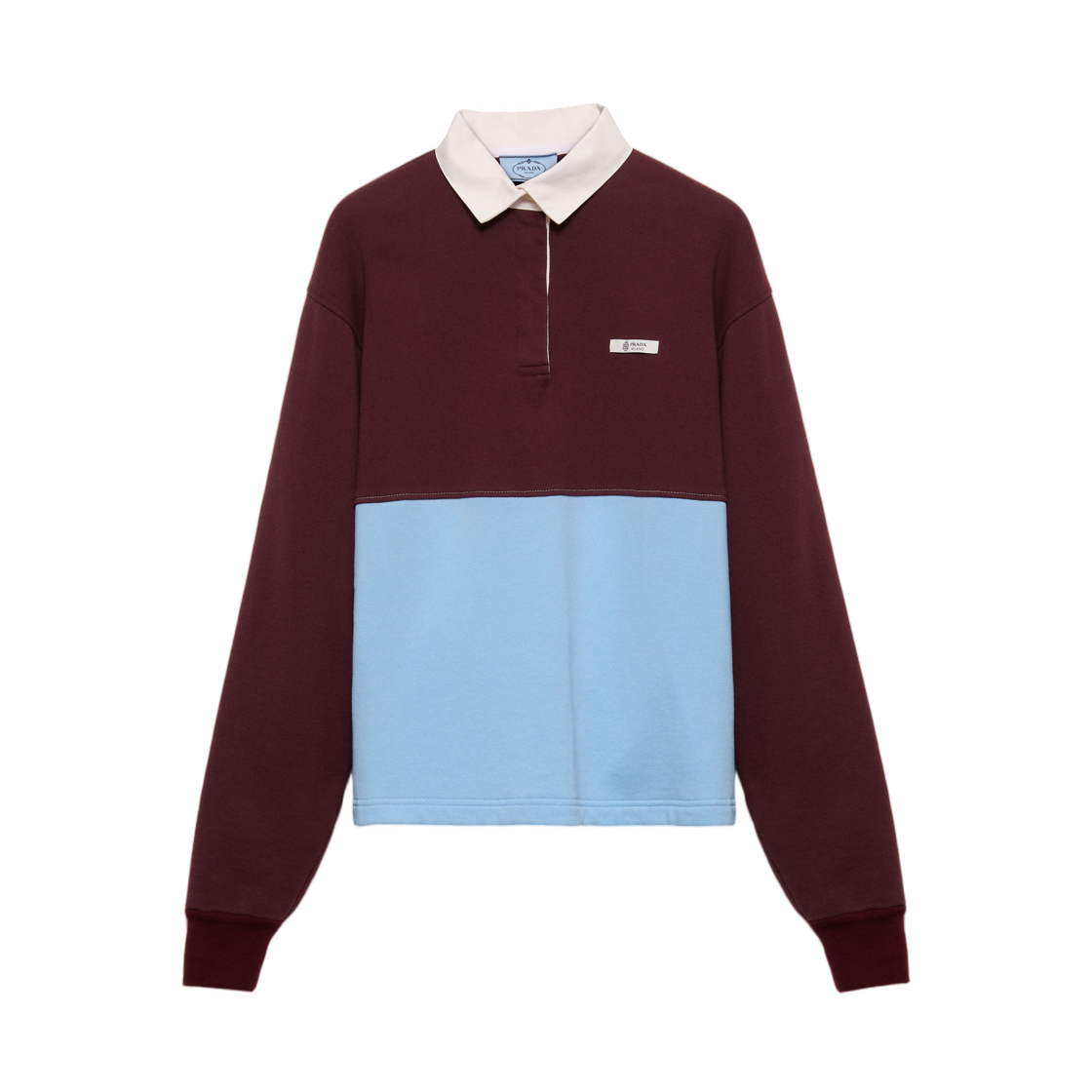 (W) 프라다 롱슬리브 코튼 플리스 폴로 셔츠 보르도 라이트 블루 데저트((W) Prada Long-Sleeved Cotton Fleece Polo Shirt Bordeaux Light Blue Desert)