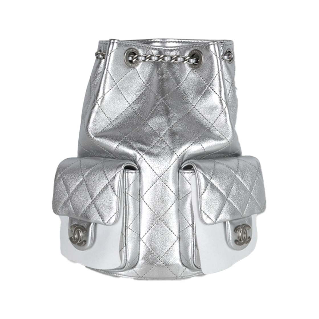 ITJC5PFJIEFO Chanel 25C Two-Pocket Small Metallic Silver Lambskin Backpack