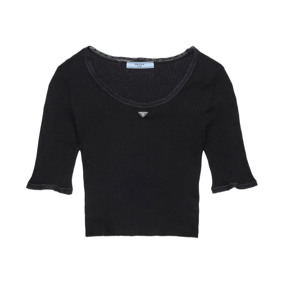 P24D3L-17LA-F0002 (W) Prada Cropped Ribbed Cotton T-Shirt Black