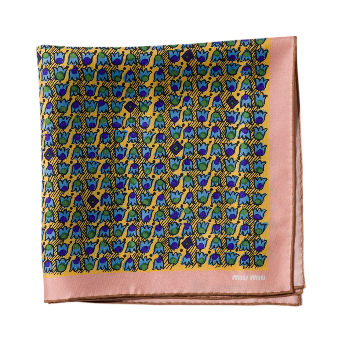 5FF004-2G8T-F0TSD Miu Miu Printed Twill Scarf Yellow Turquoise