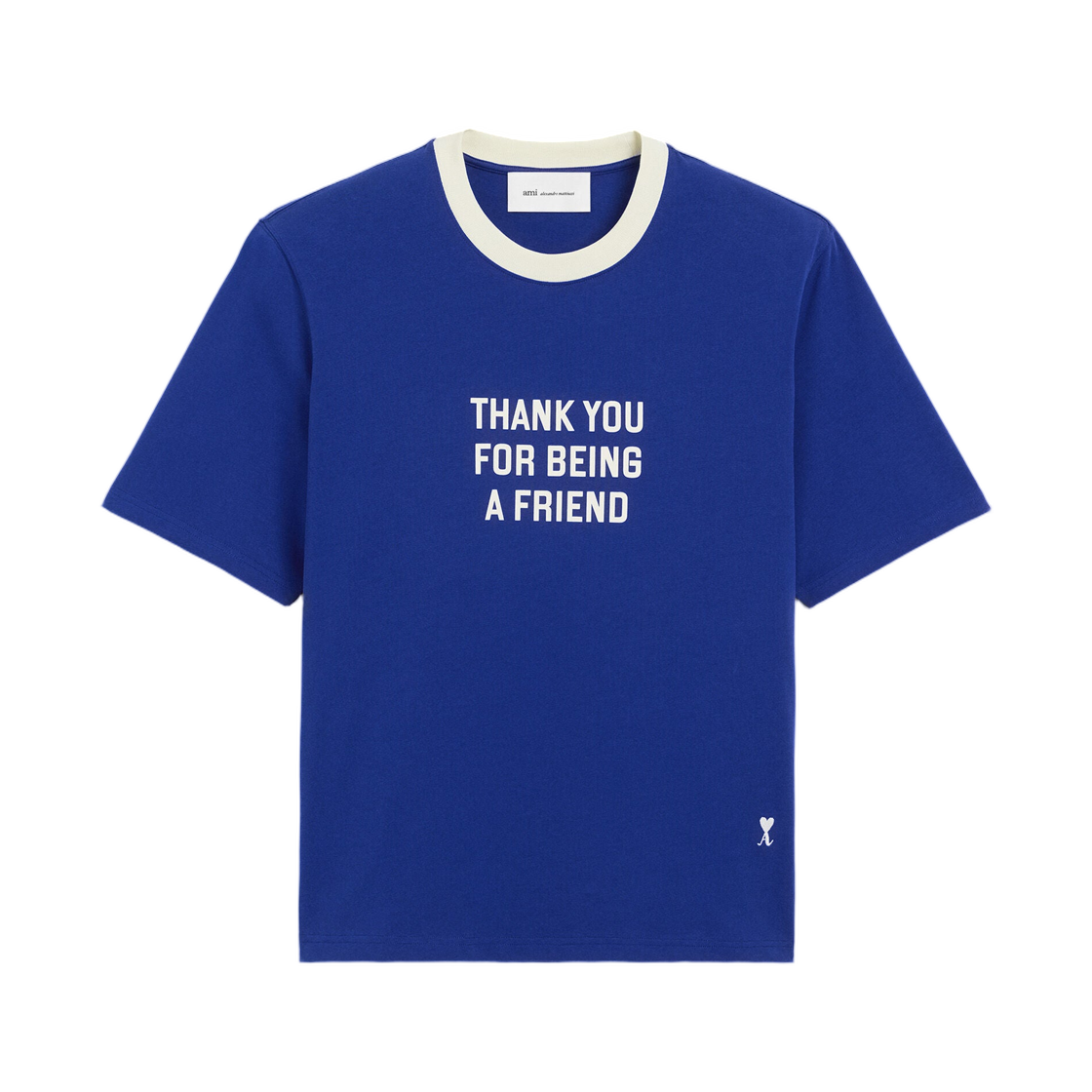 UTS418-JE0258-490 AMI Blue Printed Cotton Thank You For Being a Friend T-Shirt Royal Blue