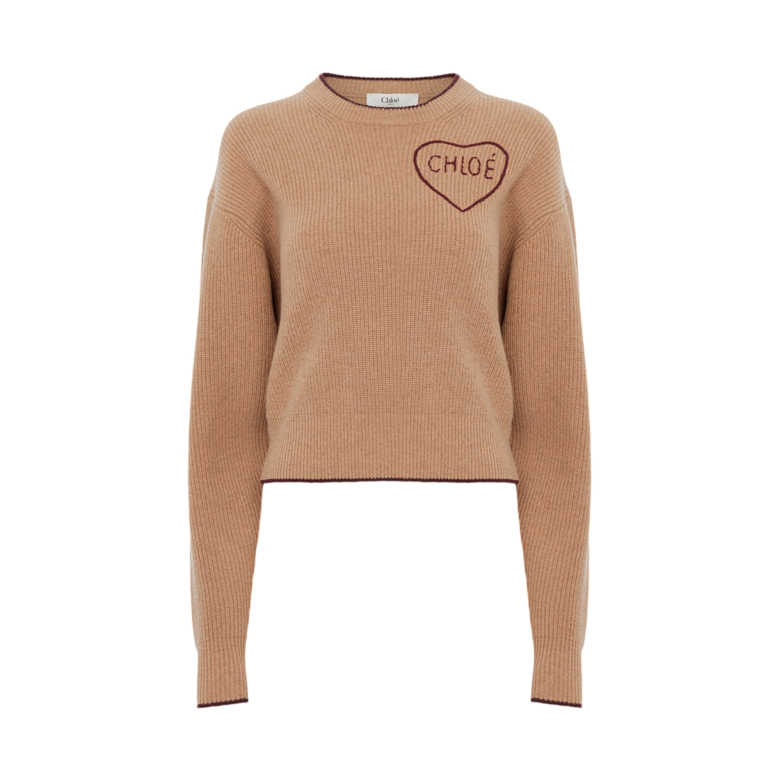 (W) 끌로에 크롭 피티드 로고 스웨터 울 캐시미어 니트 블리치드 브라운((W) Chloe Cropped Fitted Logo Sweater in a Wool Cashmere Knit Bleached Brown) - 1